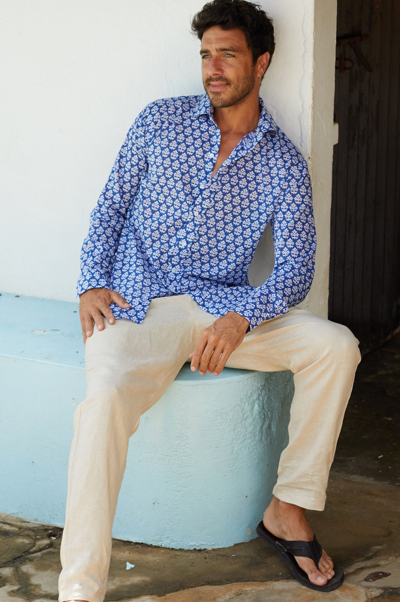 Stylish Men's Batik Print Cotton Shirt - Blue and White Casual Button Down Shirt for Summer, Beach & Vacation Wear