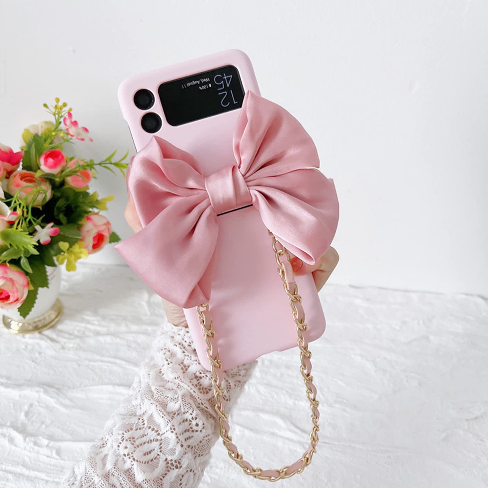 Cute Retro Bow Samsung Galaxy Z Flip 4 Case with Strap & Chain Bracelet - Shockproof Hard PC Phone Cover for Galaxy Z Flip 4/5G - Pink Protective Case for Women & Girls (Perfect for Everyday Use & Special Occasions)