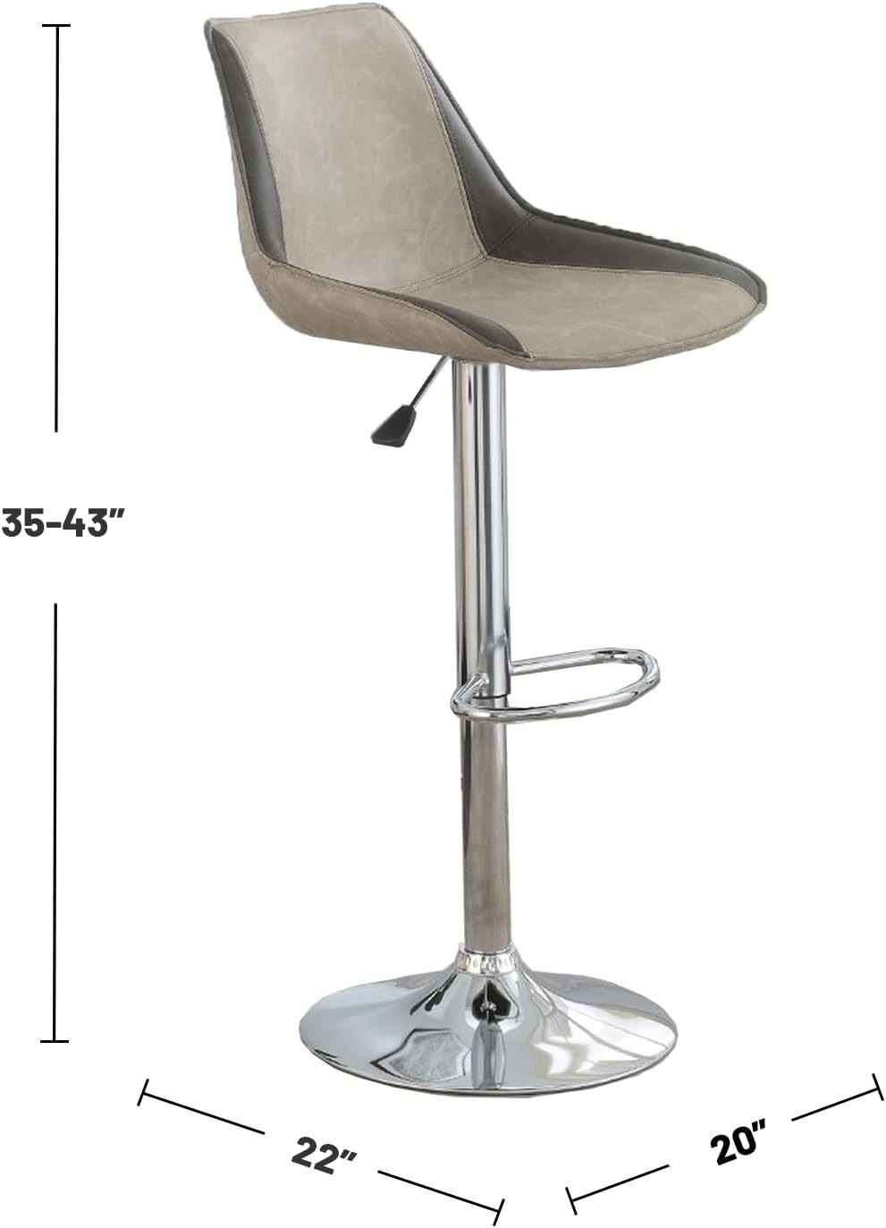 Modern Adjustable Bar Stool Set of 2 - Light Grey Waxed PU Leather with Chrome Base - Counter Height Kitchen & Dining Chairs for Breakfast Bar, Island, or Pub Table