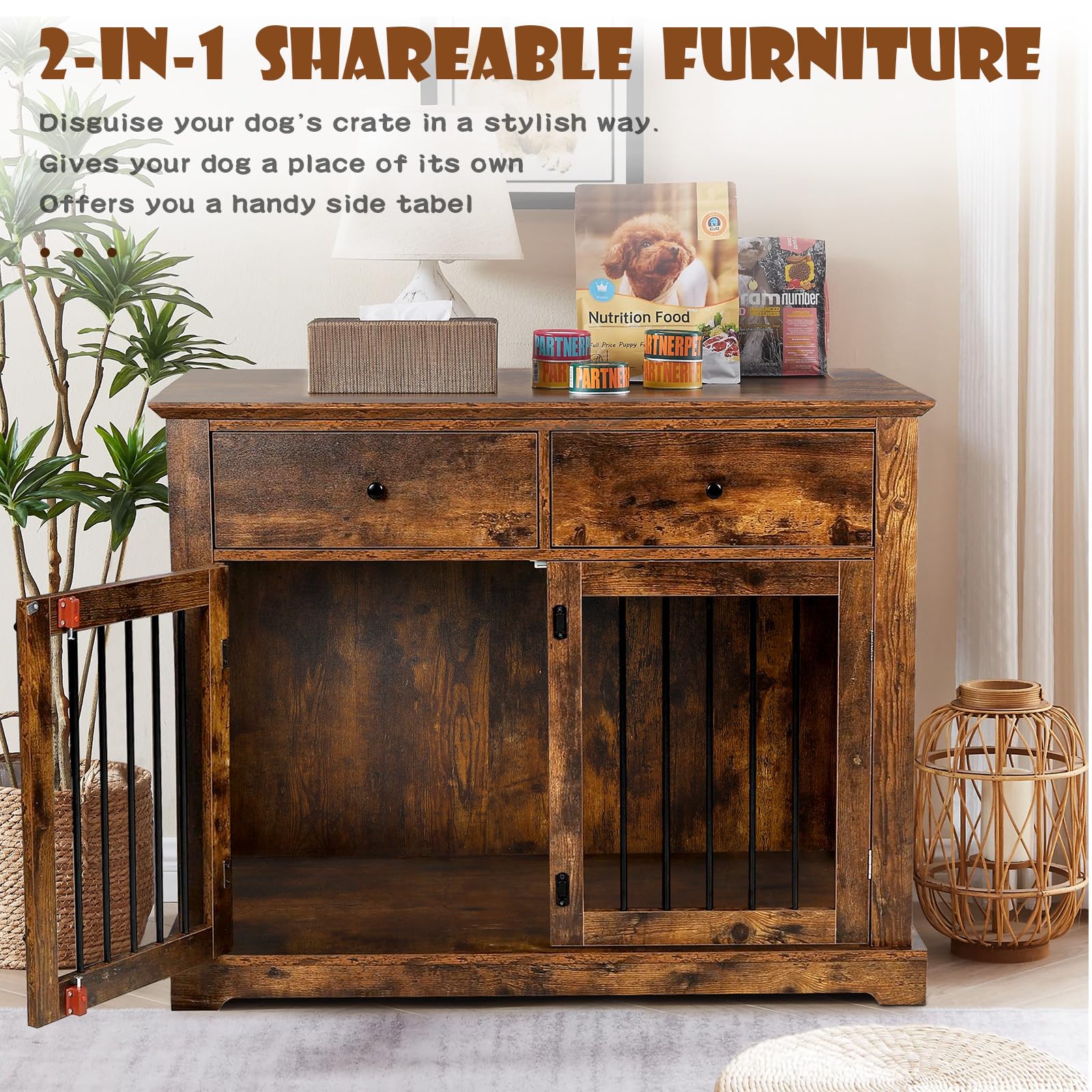 LEMBERI 44 Inch Large Dog Crate Furniture - Wooden Dog Kennel End Table with Storage Drawers | Indoor Pet Cage & Dog House for Medium to Large Dogs | Perfect for Living Room, Bedroom or Office (Brown)