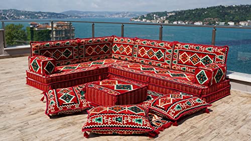 Red L-Shaped Pallet Cushions - Arabic Floor Sofa Set with Rug & Poufs | Oriental Floor Seating & Sectional Floor Cushion | Indoor Floor Pillows for Living Room, Lounge & Meditation Space