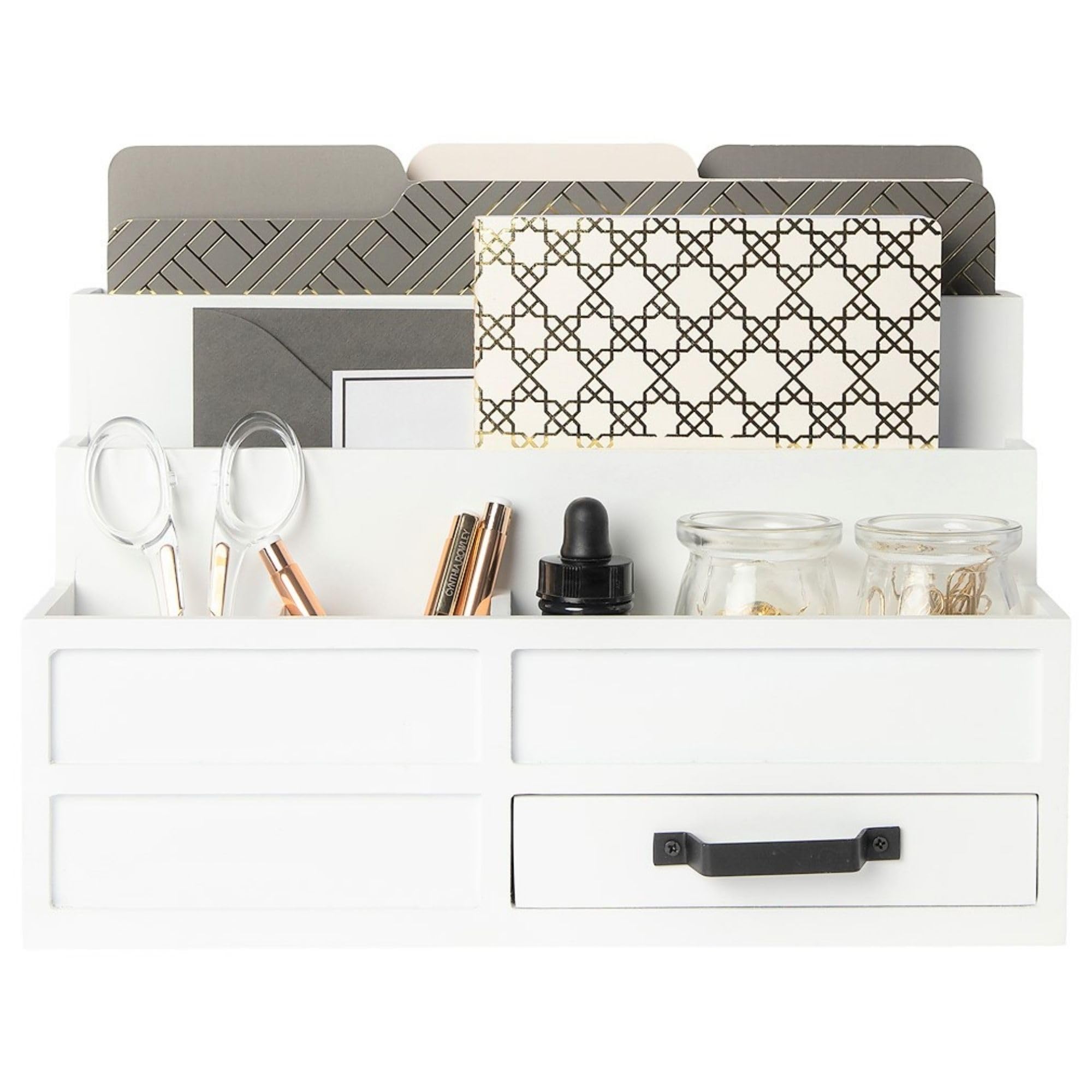 BLU MONACO White Wooden Desktop Organizer with Drawer - Office Desk Paper Tray for Bills, Mail & Documents - Perfect for Home Office, Workspace & Countertop Organization