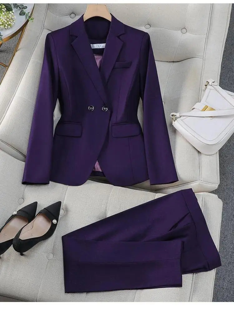2024 Fall Winter Women's Elegant Double Breasted Blazer & High Waist Ankle Pants Set - Black Gray Purple - Office Wear & Formal Outfits