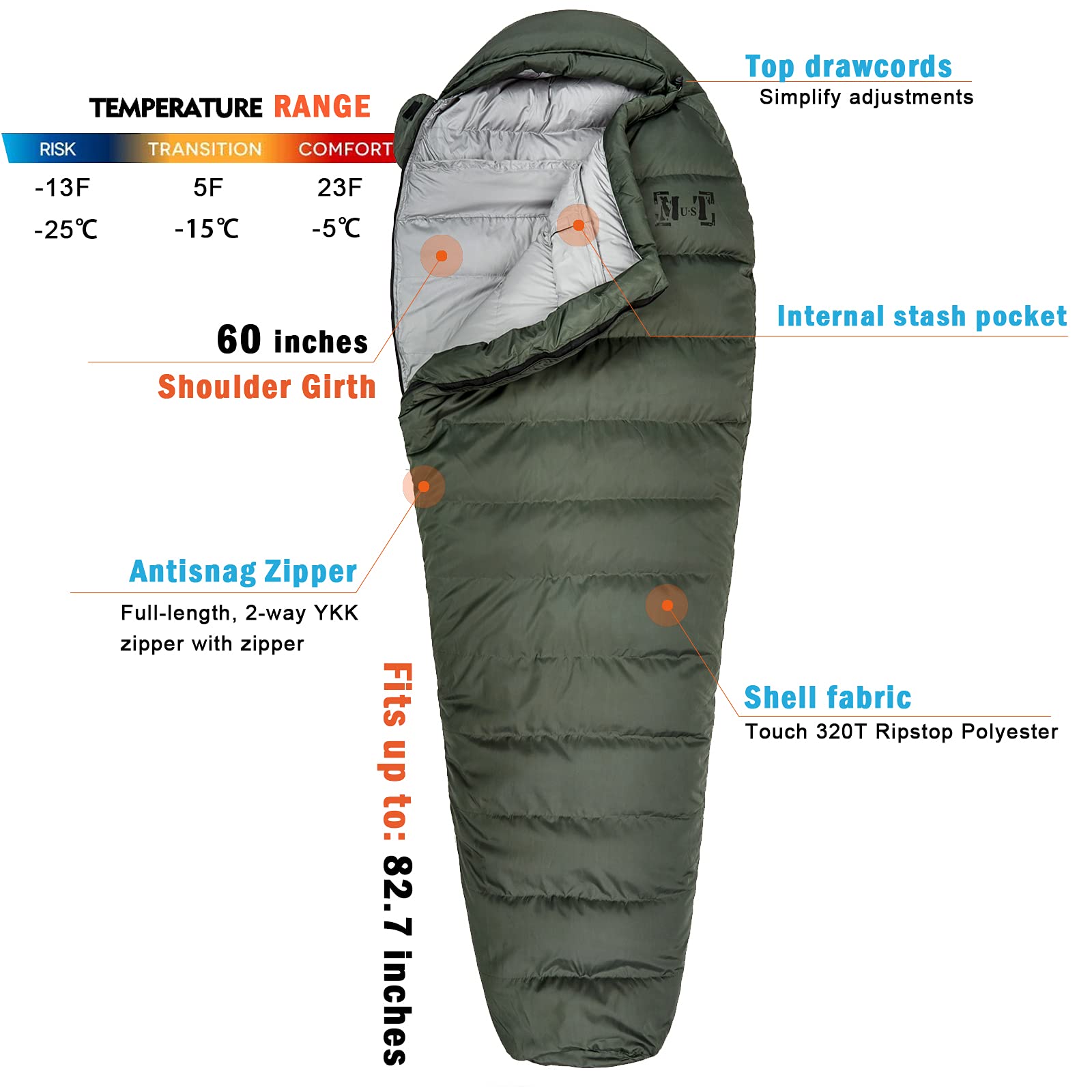 Ultra-Light Goose Down Mummy Sleeping Bag for Camping & Backpacking - All-Season, Compressible, -13°F Extreme Cold Weather Protection, Waterproof & Breathable - Perfect for Winter Hiking, Alpine Expeditions and Outdoor Adventures