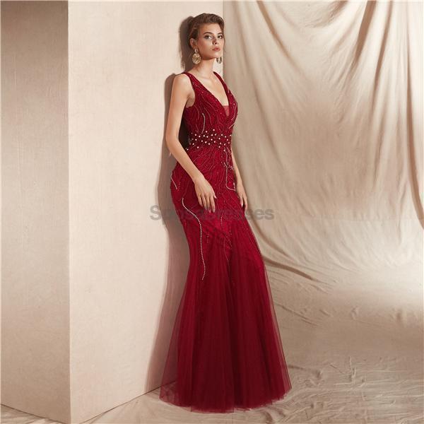 Elegant Dark Red V-Neck Backless Beaded Mermaid Evening Prom Dress for Women - Perfect for Formal Events, Parties & Special Occasions