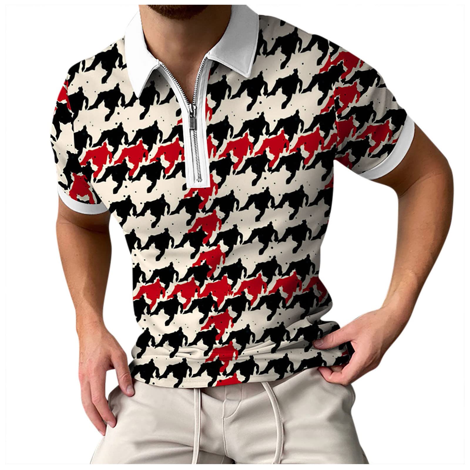 Men's Houndstooth Print Short-Sleeve T-Shirt with Lapel & Zipper - Casual Spring Summer Dress Shirt for Office, Party & Outdoor Wear