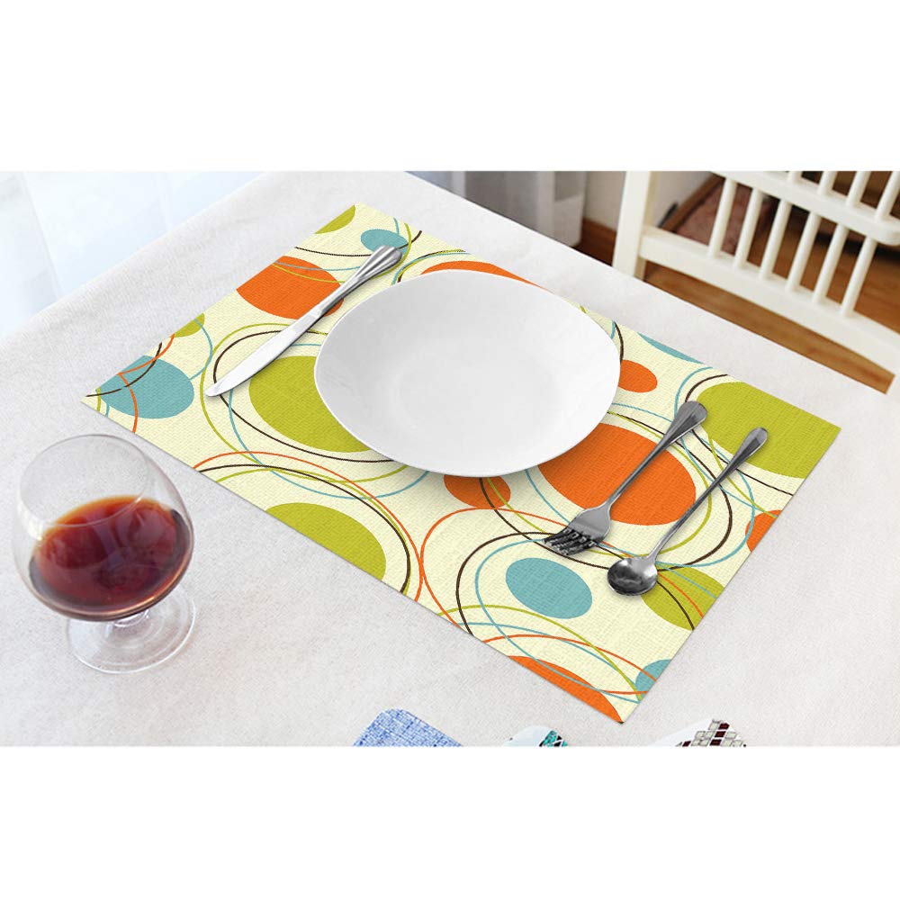 AOYEGO 4-Pack Geometric Pattern Placemats - Retro Orbits Orange Green Circle Round Artistic Cotton Linen Table Mats for Dining Table (12x18 Inch) - Perfect for Home Kitchen Decor, Dinner Parties & Holiday Gatherings