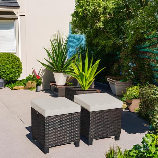 Tangkula 2-Piece Outdoor Patio Ottoman Set - All-Weather Wicker Rattan Footstool with Removable Cushions - Waterproof Garden Furniture for Poolside, Deck, Porch & Backyard Relaxation