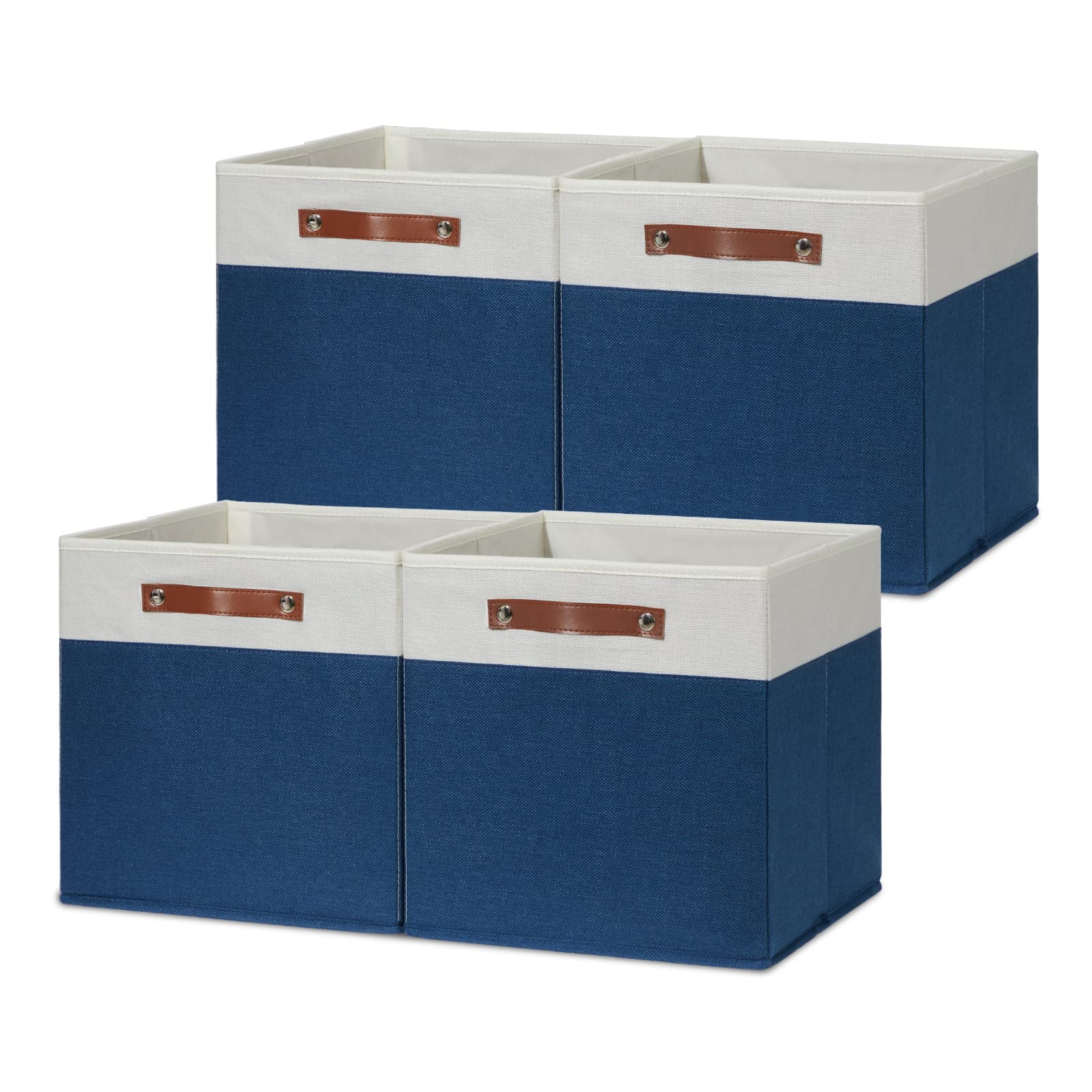 HNZIGE 13x13 Inch Fabric Storage Cubes Bins Set of 4 - Foldable Cloth Storage Baskets for Shelves, Cube Organizer, Toy & Nursery Organization (Blue & White) | Perfect for Kids Room, Closet, Office & Home Decor