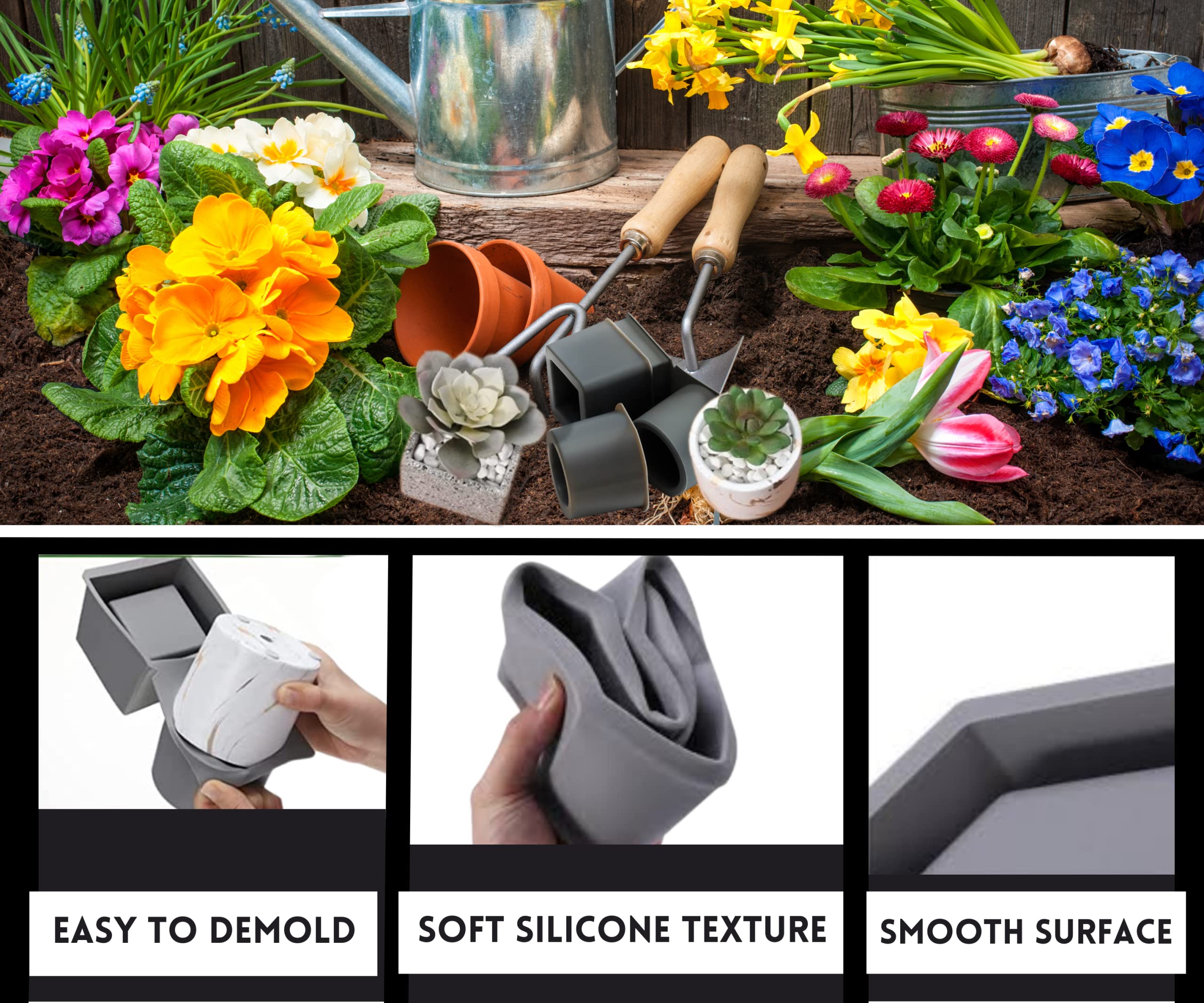 Alnoor USA 2-Pack Silicone Planter Molds - Square & Round Concrete Molds for DIY Succulent & Flower Pots (Gray, 3.15