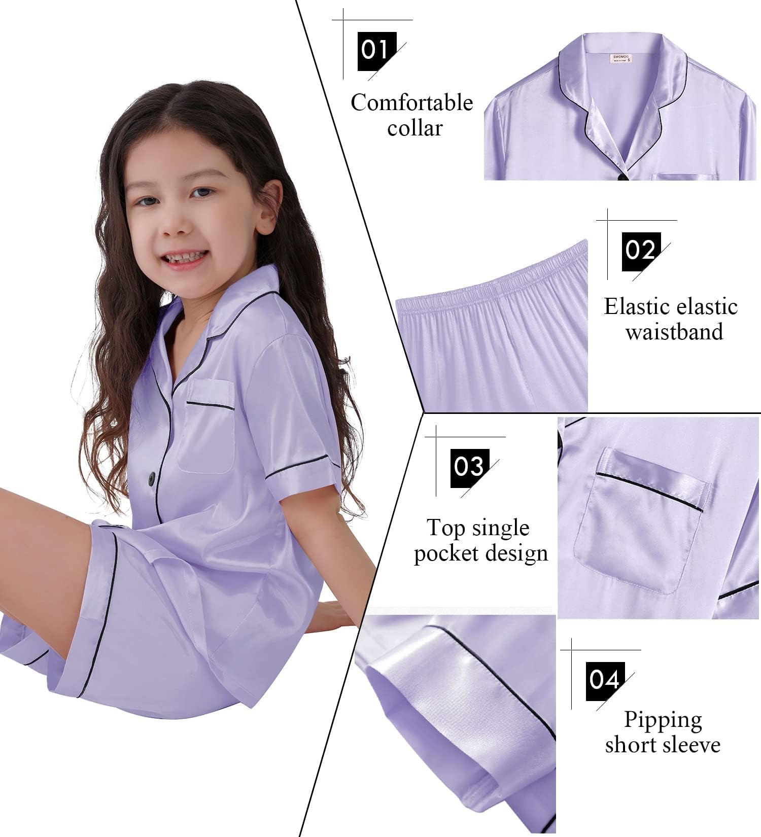 SWOMOG Kids Satin Pajama Set for Girls & Boys - Soft Button-Down Short Sleeve Silk Nightwear 2-Piece Lounge Outfit - Perfect for Sleepovers, Birthday Gifts & Cozy Family Nights