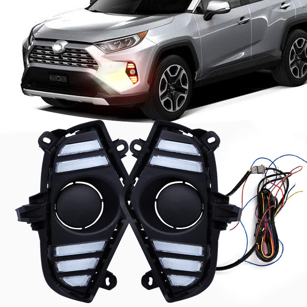 TOYOTA RAV4 2019 2020 LED Daytime Running Lights - White Ice Blue DRL with Yellow Turn Signal, Complete Kit (Bezel/Wiring/LED Bulbs) | Perfect for Night Driving & Enhanced Visibility