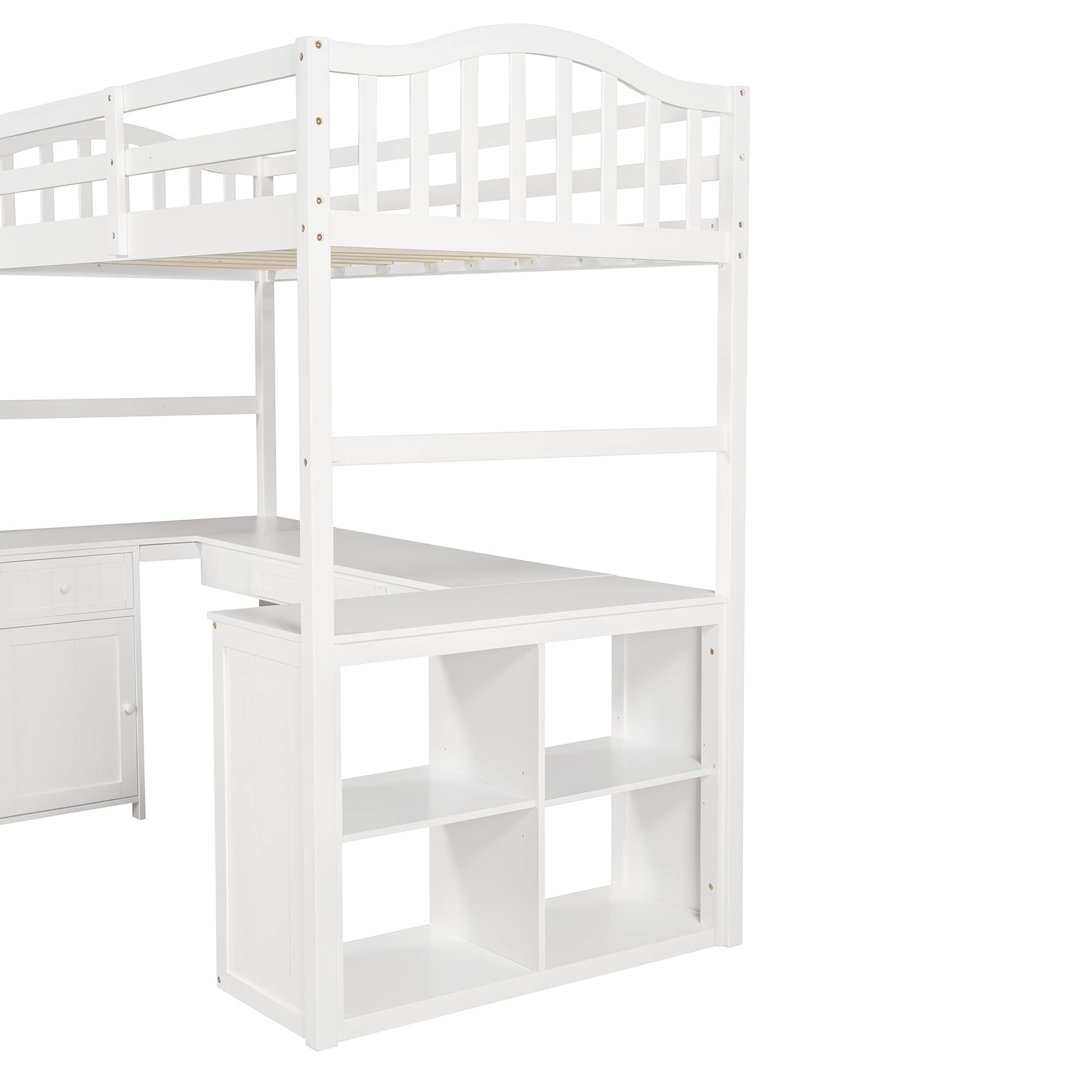 **Twin Size Wooden Loft Bed for Kids with Desk, Drawers, Cabinet & Shelves - Space-Saving Multi-Functional Bed Frame - Perfect for Small Bedrooms, Dorms & Kids' Rooms (White)**