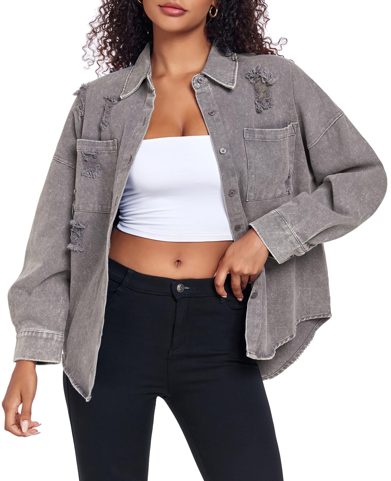 Women's Oversized Denim Jacket - Distressed Boyfriend Style Button Down Jean Coat with Pockets | Casual Outfit, Streetwear Fashion, Spring & Fall Layering Essential