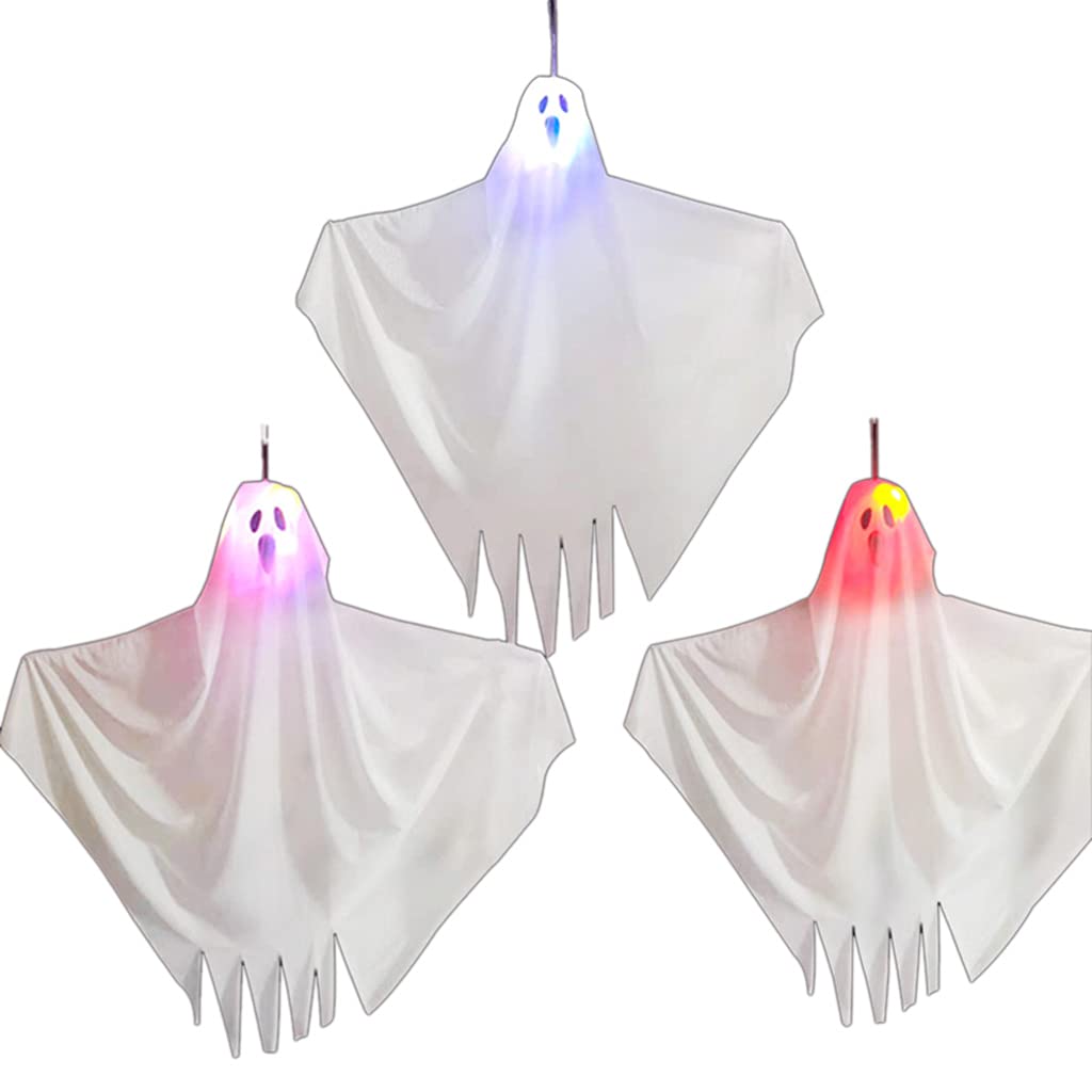 Yeahii 24in White Glowing LED Ghost Lights - Hanging Flying Halloween Decor for Patio, Lawn, Garden & Party | Spooky Outdoor Decoration for Halloween Nights, Haunted House Themes & Backyard Decorations