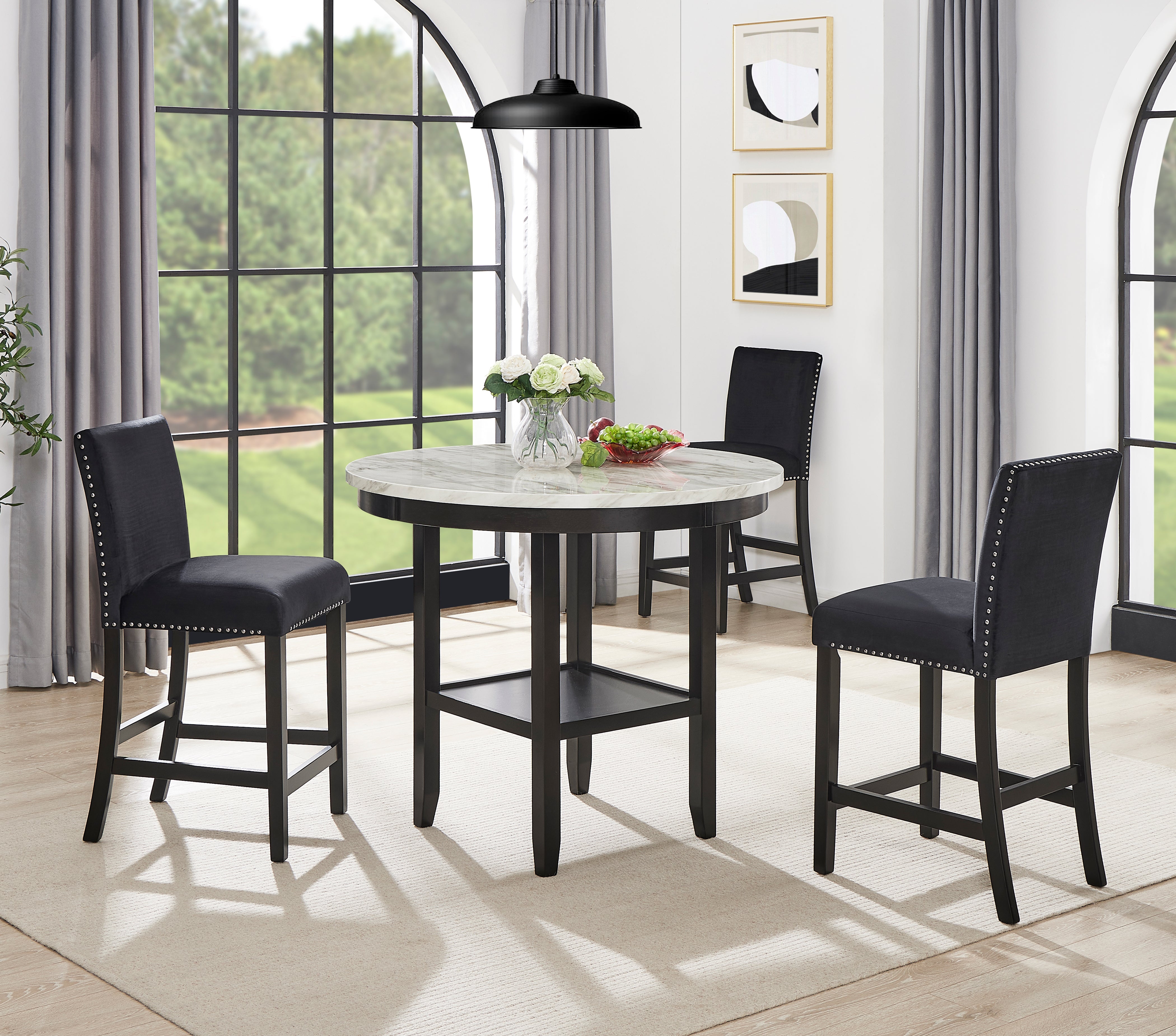 Roundhill Furniture 5-Piece Mella Counter Height Dining Set - Round Faux Marble Table with 4 Black Velvet Parsons Stools - Perfect for Kitchen, Breakfast Nook & Small Space Dining