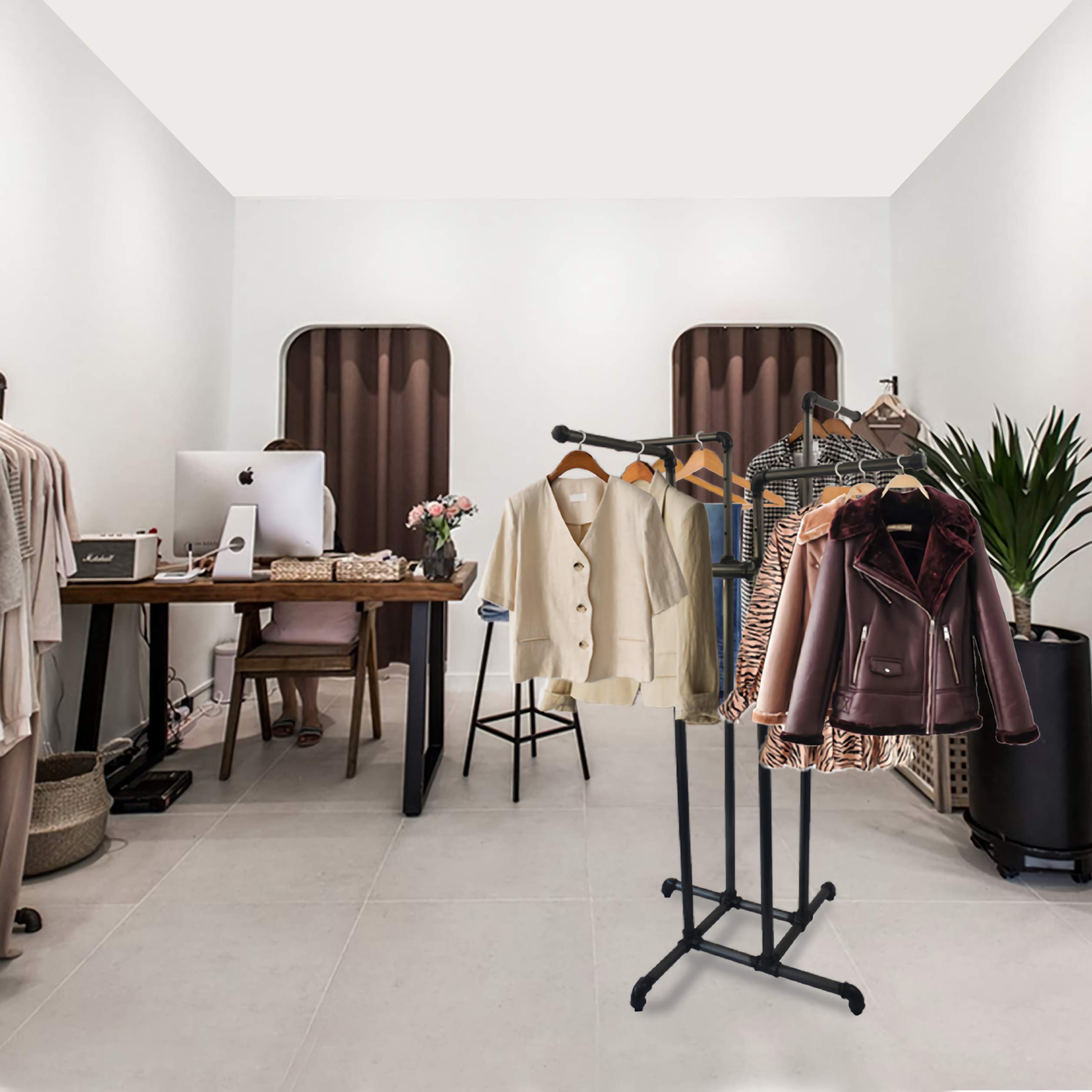 HK FIXTURES Adjustable 4-Way Industrial Pipe Garment Rack - Heavy Duty Clothing Display for Retail Stores, Boutiques & Commercial Use | Perfect for Shop Displays, Warehouse Organization & Fashion Showrooms