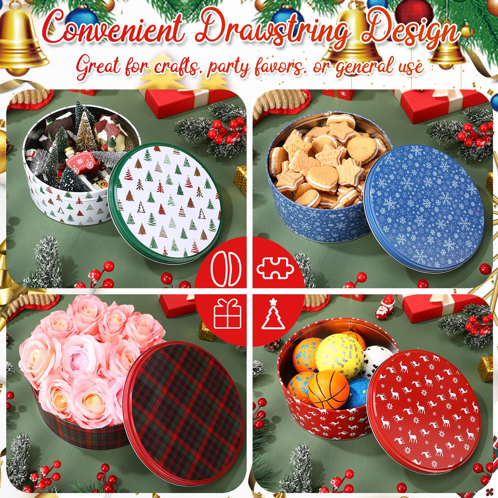 24 Pack Christmas Cookie Tins with Lids - Round Baking & Cake Containers for Holiday Treats | Festive Snowflake, Tree, Plaid & Reindeer Designs | Perfect for Gift Giving, Cookie Exchange & Christmas Party Favors