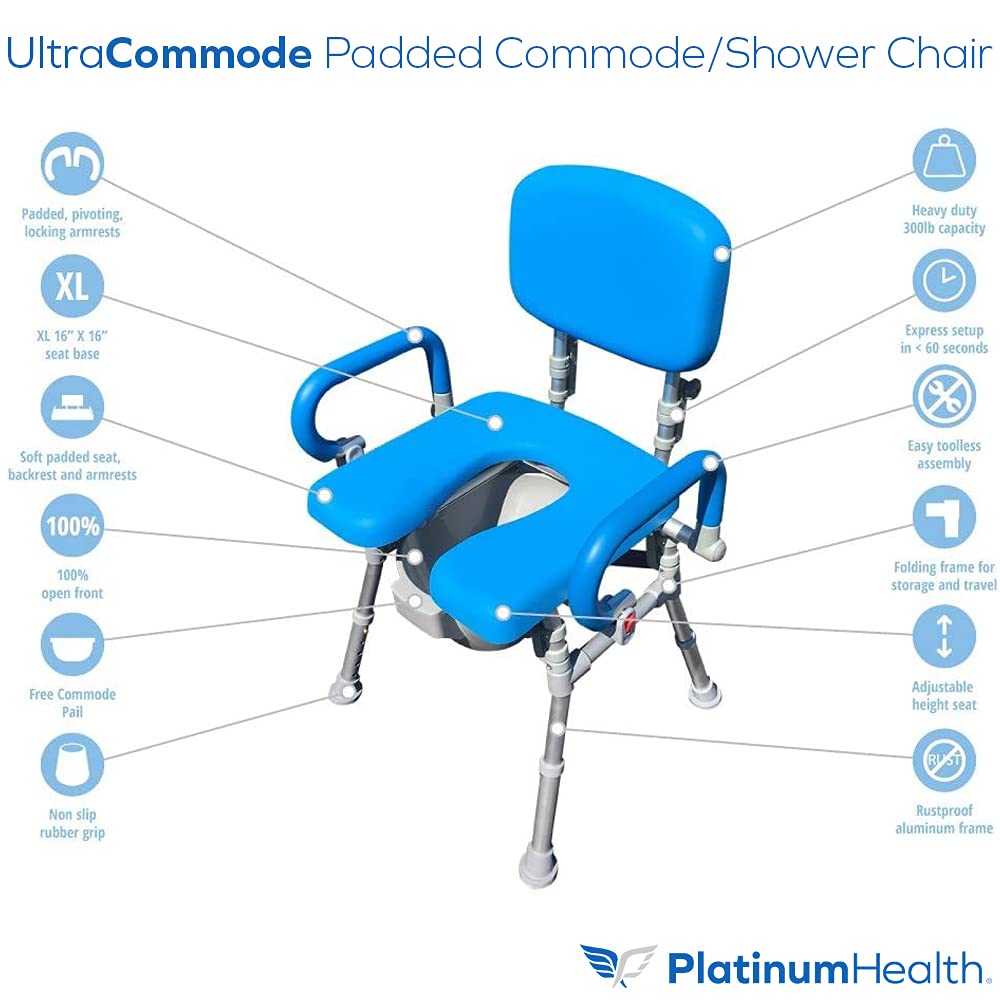 Platinum Health UltraCommode™ Foldable Commode & Shower Chair - Soft Padded Toilet Seat with Open Front, Adjustable Height & Pivoting Armrests | Portable XL Commode with Free Pail (Blue) | Ideal for Elderly Care, Post-Surgery Recovery & Bathroom Safety
