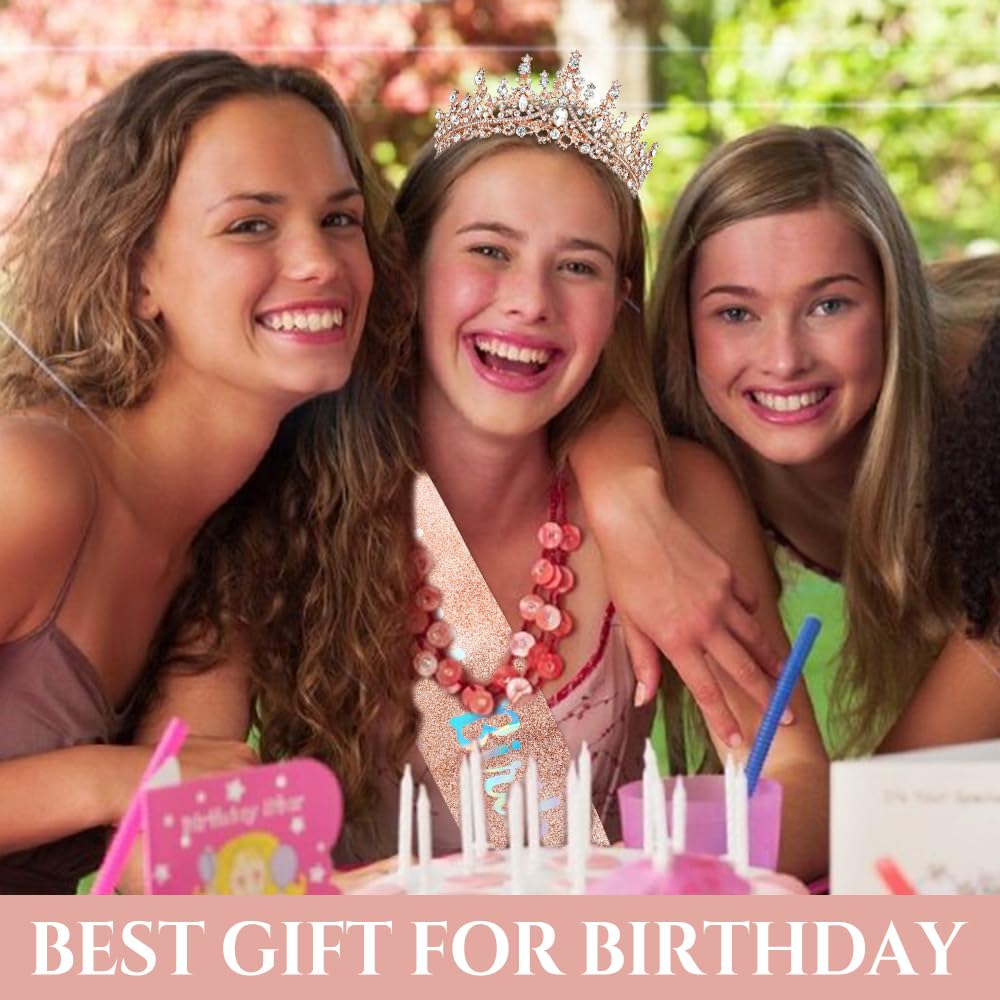 TOBATOBA Rose Gold Glitter Birthday Sash & Crystal Tiara Set for Women Girls - Princess Crown, Quinceanera Accessories, Birthday Party Decorations - Perfect for Birthday Celebrations, Bachelorette Parties & Special Events