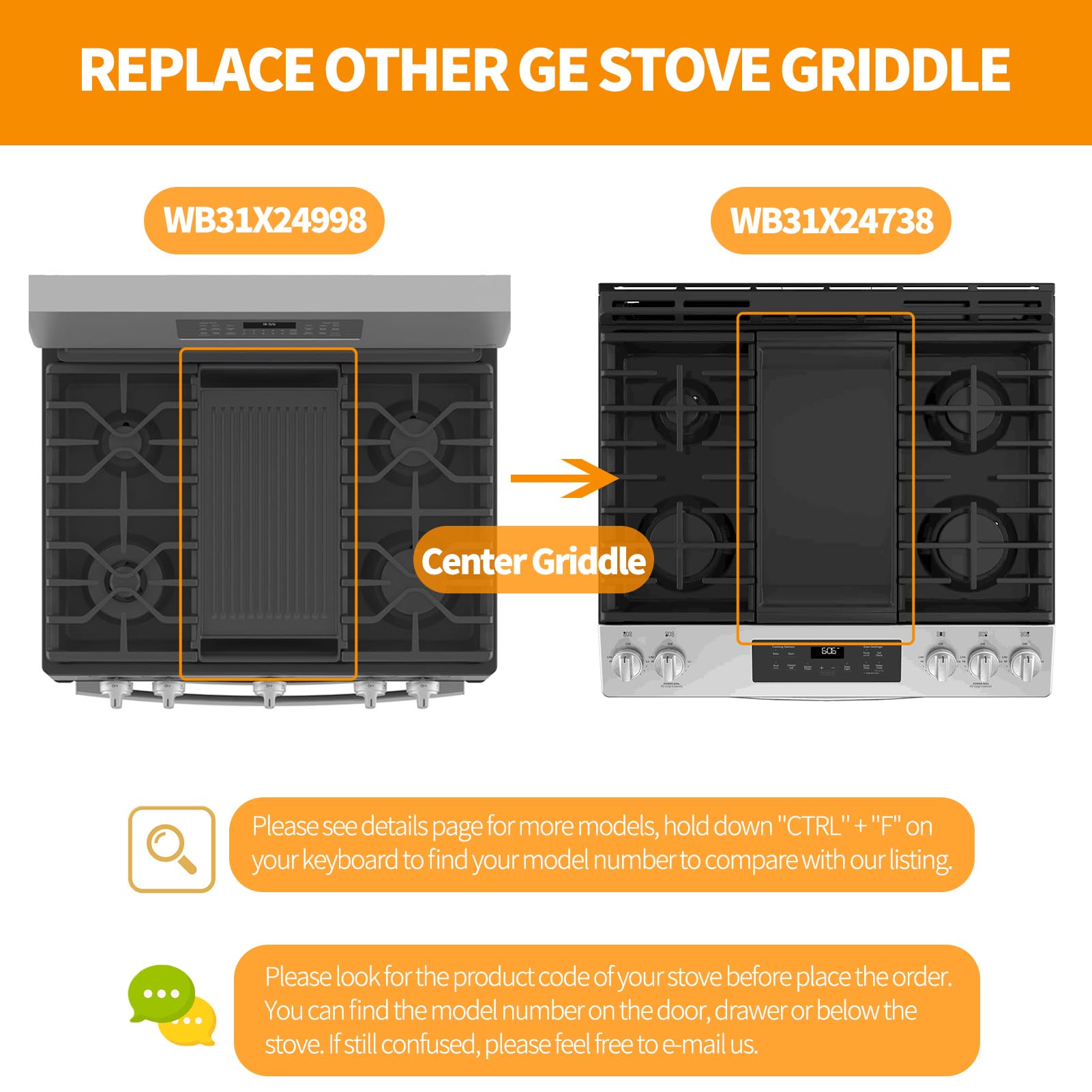 GE Stove Range Griddle Replacement WB31X24738 - Cast Iron Center Griddle Pan for GE Cooktop Parts (Compatible with WB31X24998) - Perfect for Pancakes, Burgers & Outdoor Cooking