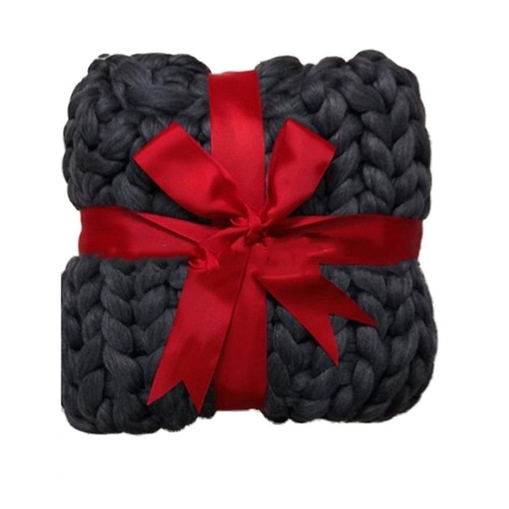 Cozy Chunky Merino Wool Knit Blanket - 80x100cm Soft Warm Throw for Sofa, Bed & Home Decor - Handmade Thick Yarn Roving Knitted Blanket in Dark Gray - Perfect for Winter, Gifts & Cozy Nights