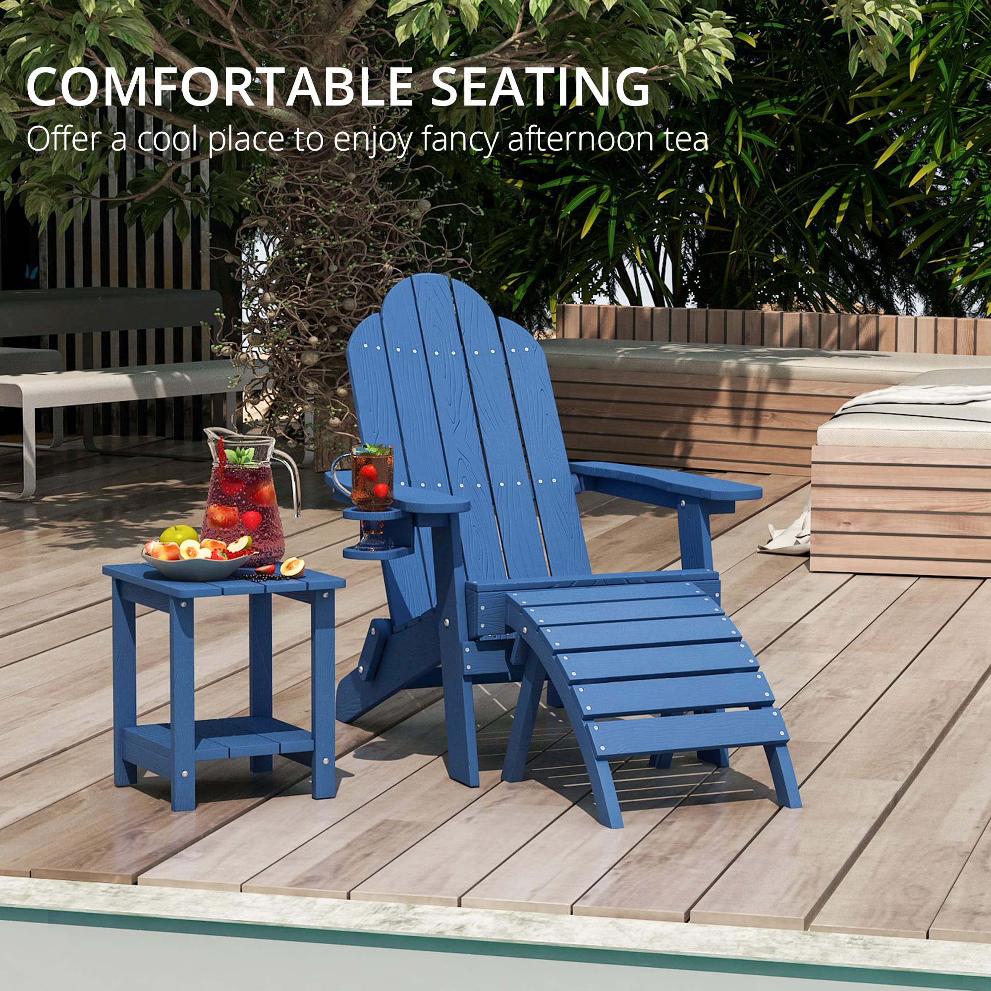 LUE BONA Folding Adirondack Chair - Navy Blue Weather-Resistant Outdoor Patio Furniture with Cup Holder, HDPS Fire Pit Chairs for Backyard, Garden, Poolside & Camping