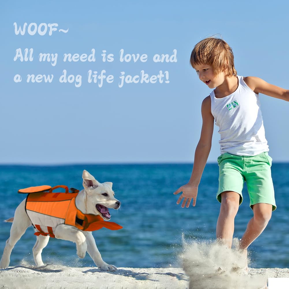EMUST Dog Life Jacket & Swimming Vest - Adjustable Ripstop Flotation Vest with Rescue Handle for French Bulldog, Dachshund, Corgi (Orange, Medium) - Perfect for Beach, Pool & Boating Safety