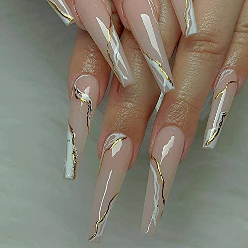 Luxury Press on Nails Long Acrylic Fake Nails - French Ballet Gold Line Nude Marble Design Fashion Nail Art for Women & Girls (24Pcs) | Perfect for Parties, Weddings, Date Nights & Special Occasions