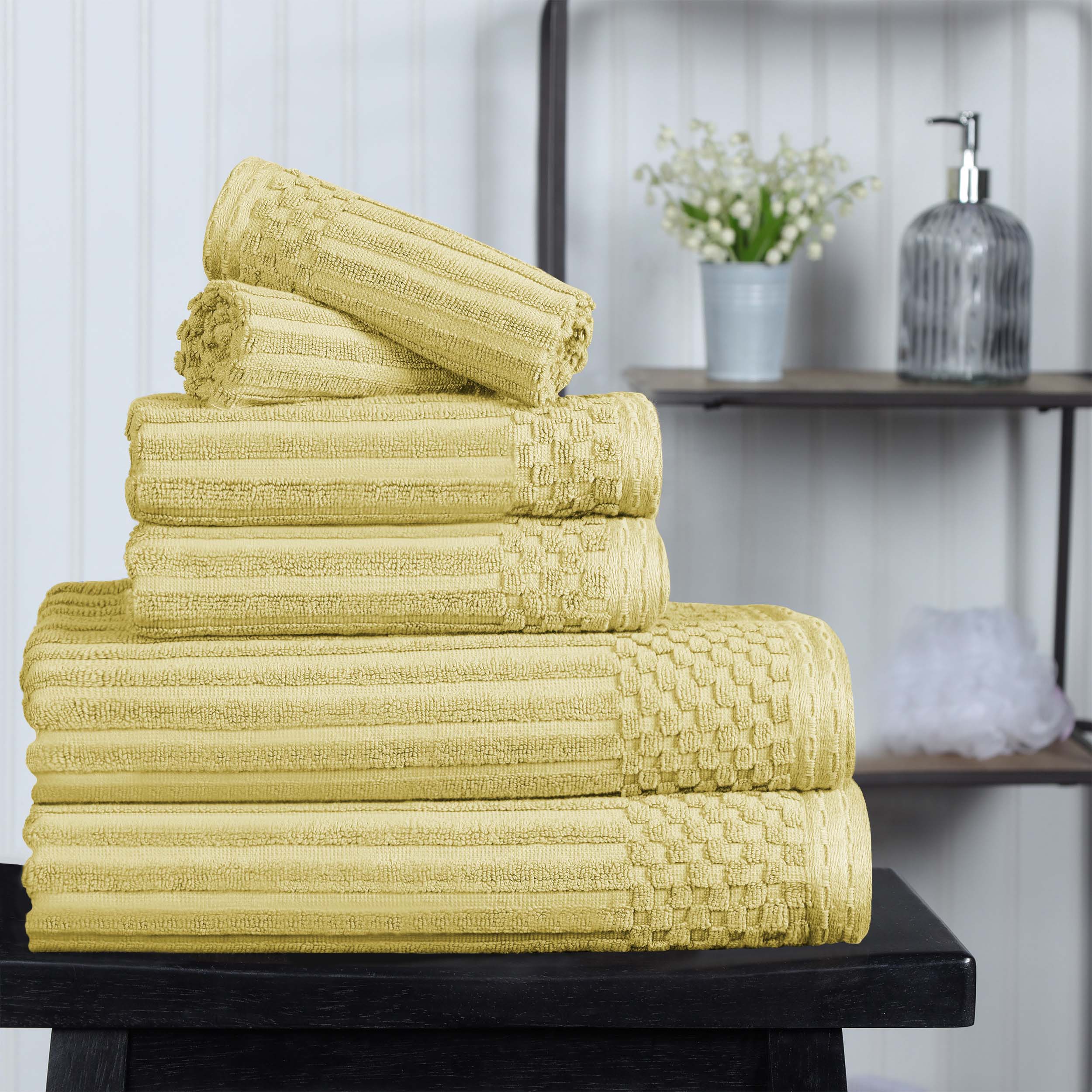 Premium 6-Piece Cotton Ribbed Textured Towel Set - Medium Weight, Soft & Absorbent Bath Towels for Spa, Gym, and Everyday Use