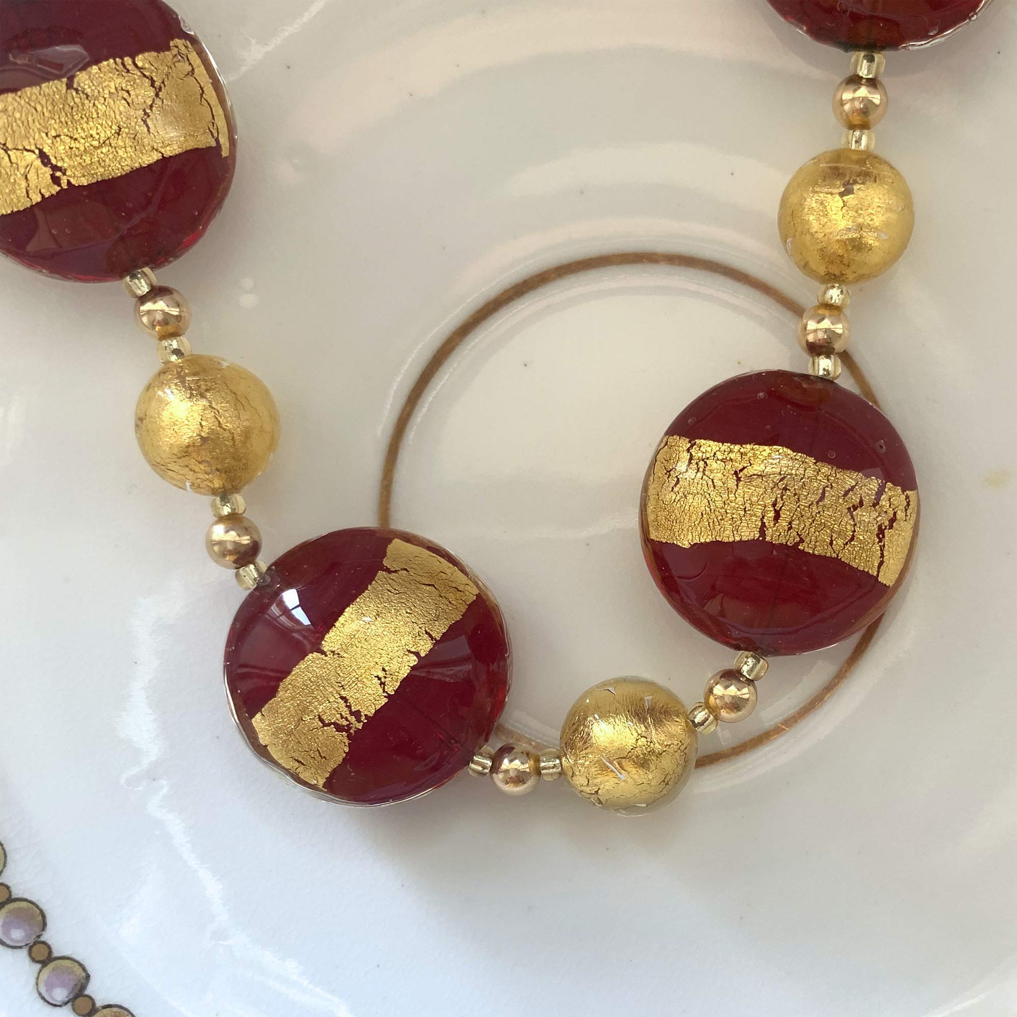 Elegant Diana Ingram Necklace with Red Translucent & Gold Murano Glass Beads - 22K Gold Vermeil Clasp for Women | Perfect for Weddings, Parties & Special Occasions