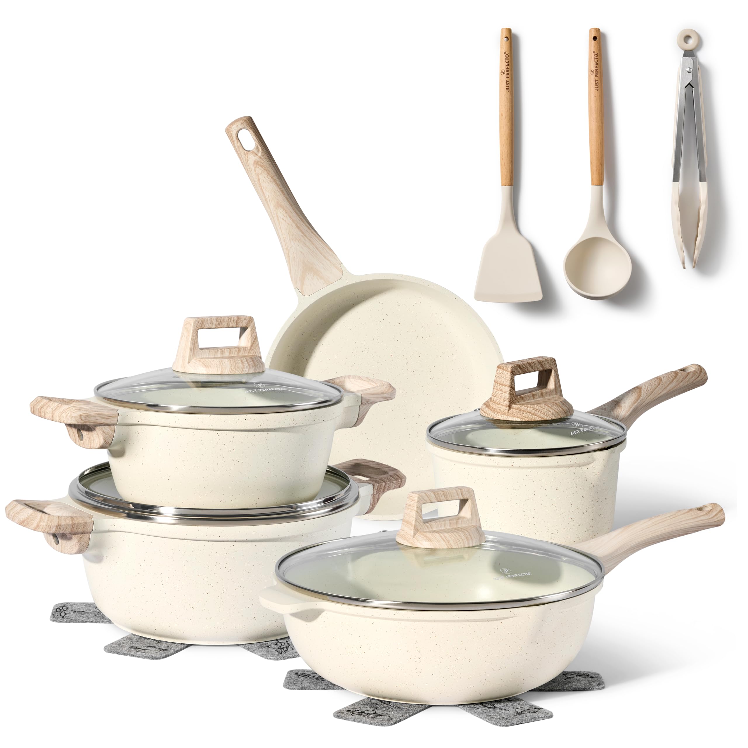 Just Perfecto 11-Piece Nonstick Cookware Set - Induction Compatible Pots and Pans with Removable Handles, Includes Saucepan, Skillet, Wok & Lids, Dishwasher Safe (Beige) - Perfect for Home Cooking, Meal Prep & Professional Chefs