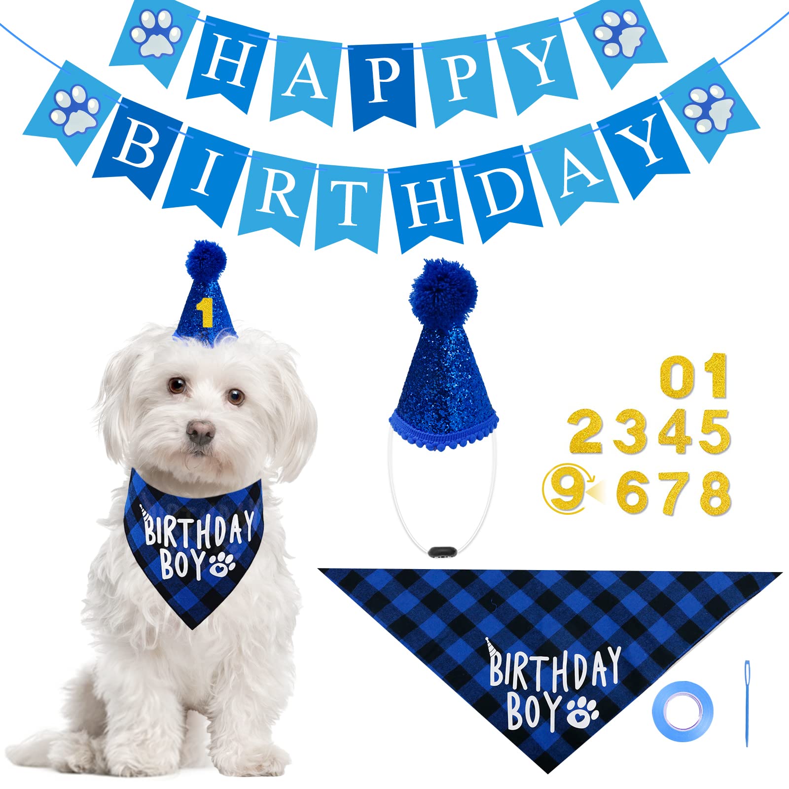 Nepfaivy Dog Birthday Party Decorations Kit - Reversible Bandana, Birthday Hat, Banner & Numbers for Small Large Dogs & Cats - Perfect for Puppy Birthday Celebrations & Pet Parties