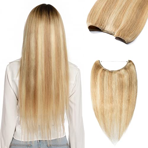 16 Inch Thick Human Hair Extensions - Soft Straight Ash Blonde & Bleach Blonde Highlighted Hairpiece with Hidden Wire & Translucent Fish Line (90g) | Perfect for Daily Wear, Parties & Special Occasions