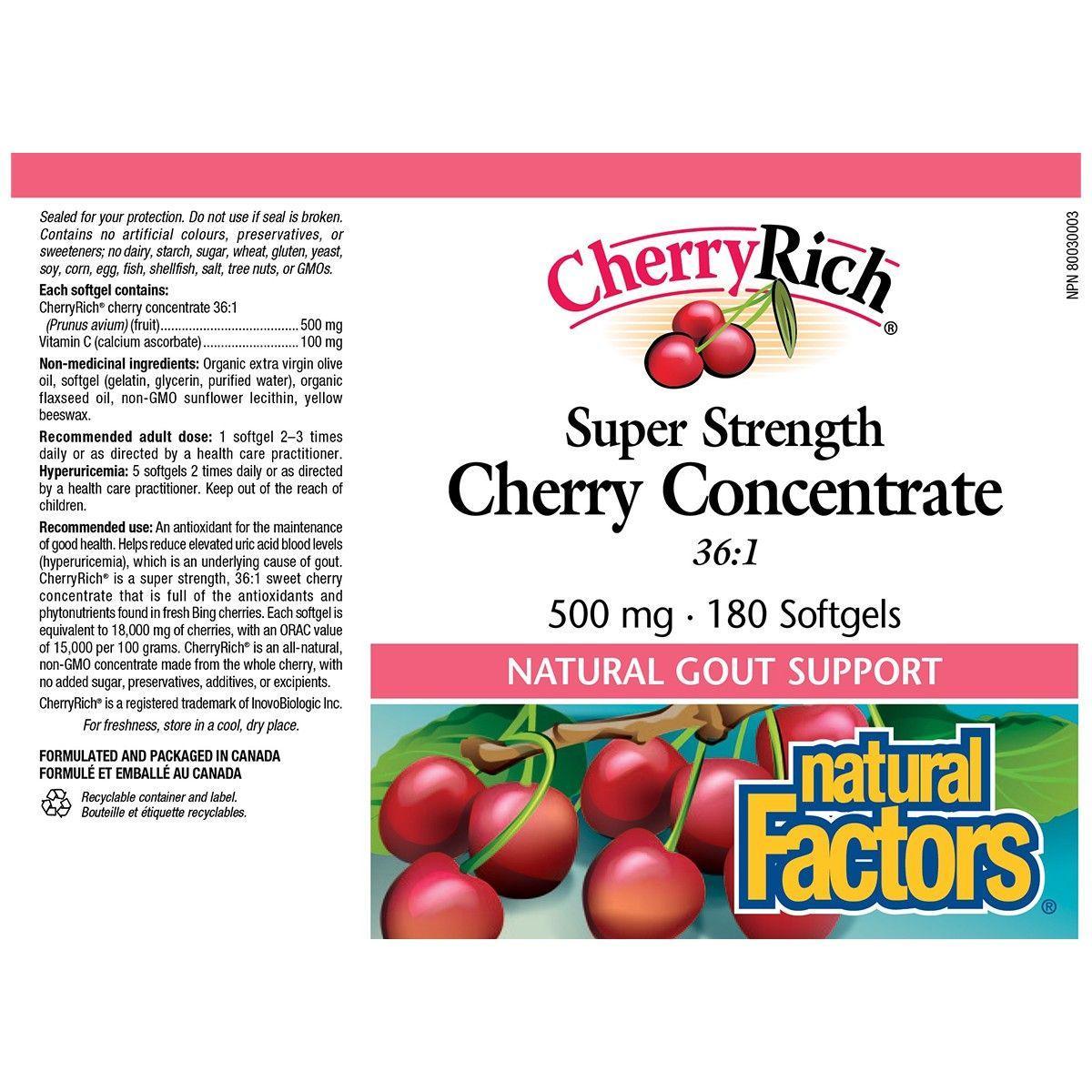 Natural Factors Cherry Rich Super Strength 500mg Cherry Concentrate Softgels (180 Count) - Supports Joint Health & Antioxidant Protection for Active Lifestyles