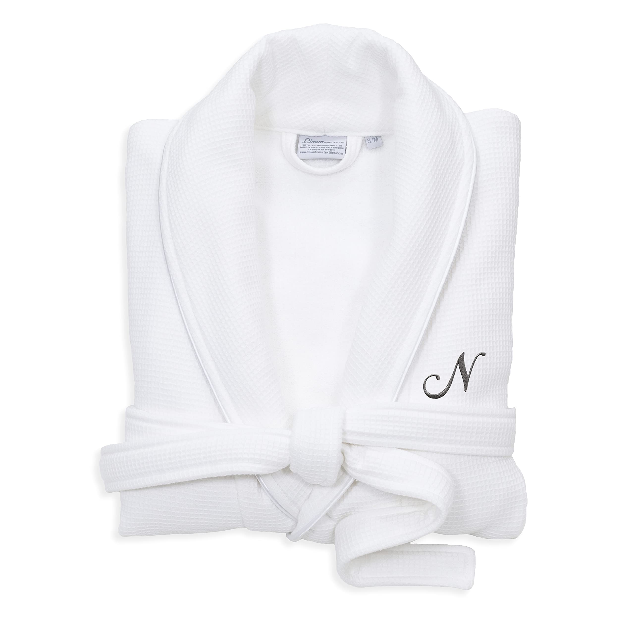 Premium White Unisex Turkish Cotton Waffle Weave Bathrobe with Grey Monogram - Soft Absorbent Terry Cloth Robe for Spa, Hotel & Home Relaxation - Size S/M