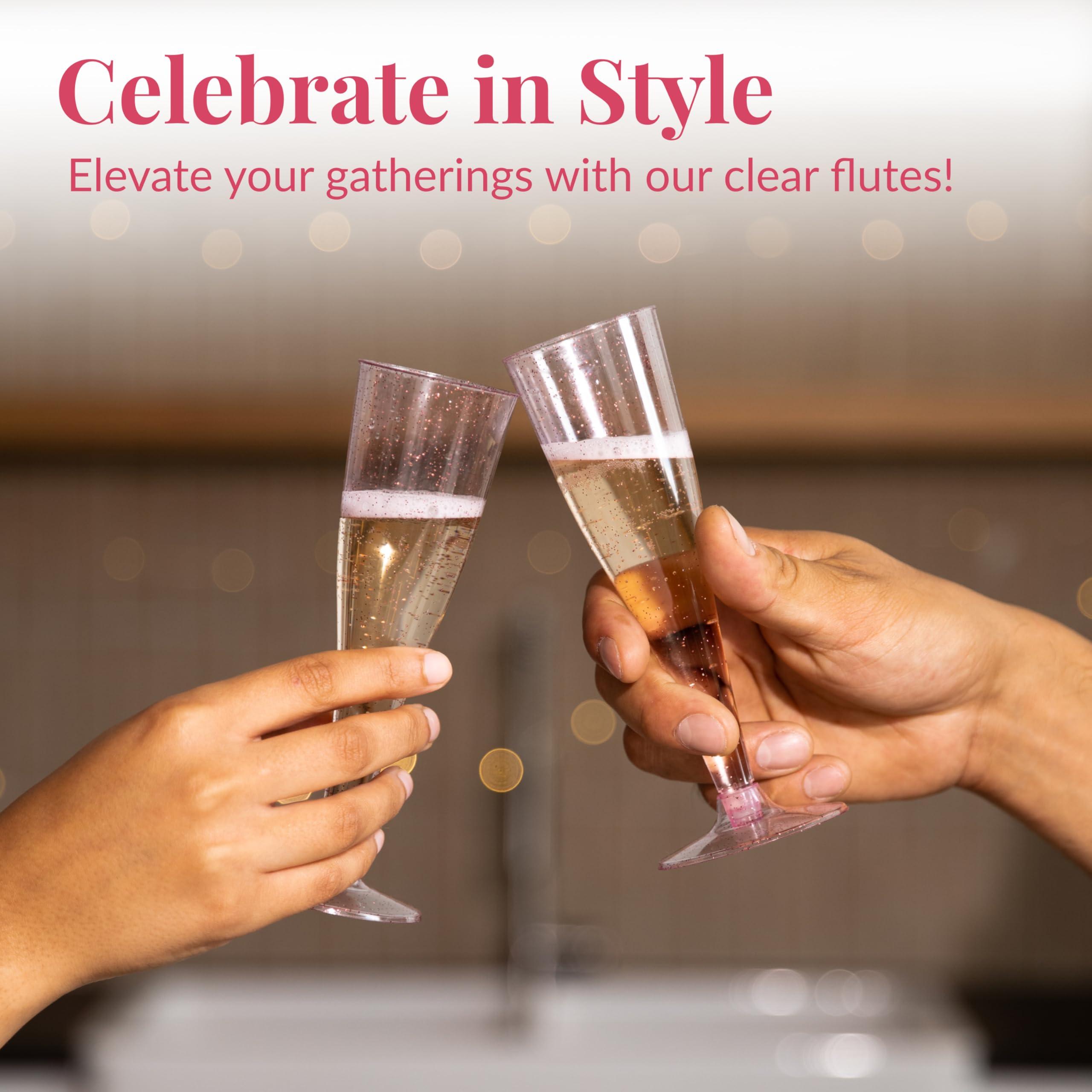 Prestee 24-Pack Rose Gold Glitter Plastic Champagne Flutes - Elegant Disposable Cocktail Glasses for Wedding, Bridal Shower, NYE Party & Mimosa Bar - Perfect for Celebrations, Toasts & Special Events