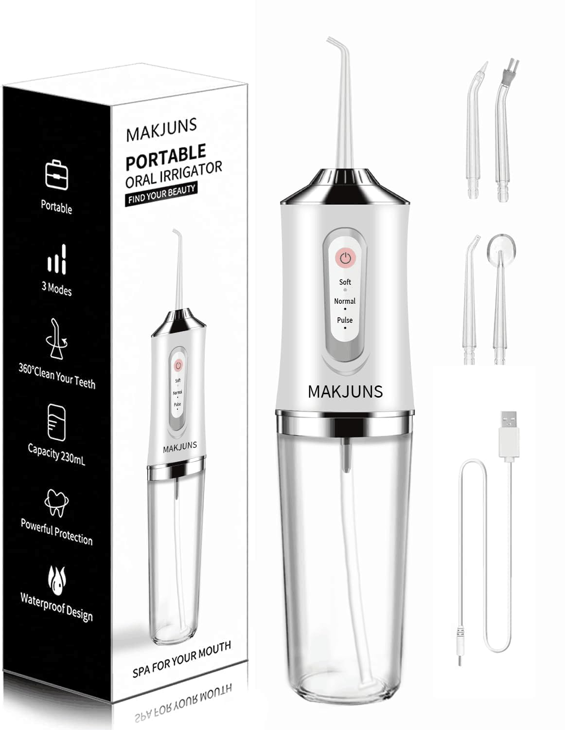 **MAKJUNS Cordless Water Flosser for Teeth Cleaning - 3 Modes, 4 Jet Tips, Rechargeable & IPX7 Waterproof Dental Irrigator - Perfect for Travel, Home, and Braces Care (Luxury White)**    *(Note: This optimized title improves keyword placement, removes redundancy, and adds clarity for SEO while maintaining the product's key features and use cases.)*