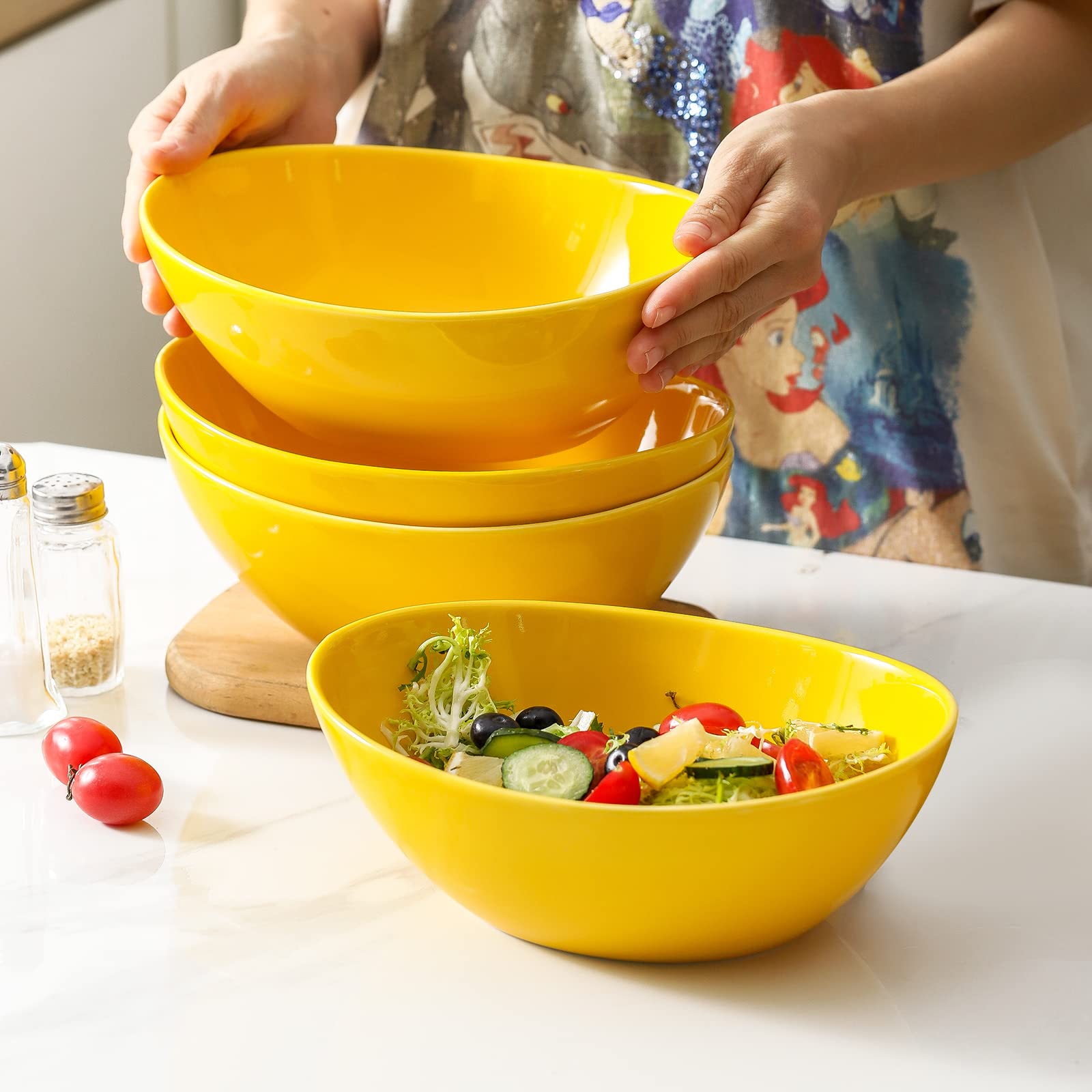 Hasense 42oz Ceramic Serving Bowls Set of 4 - Large Oval Pasta & Salad Mixing Bowls for Soup, Popcorn, Side Dishes - Durable Entertaining Dishes for Parties, Family Dinners & Kitchen Use (Yellow)