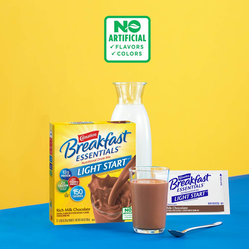 Carnation Breakfast Essentials Light Start Powder Drink Mix - Rich Milk Chocolate Flavor, 8 Single-Serve Packets | Quick & Nutritious Breakfast Solution for Busy Mornings, Workouts & On-the-Go Lifestyles
