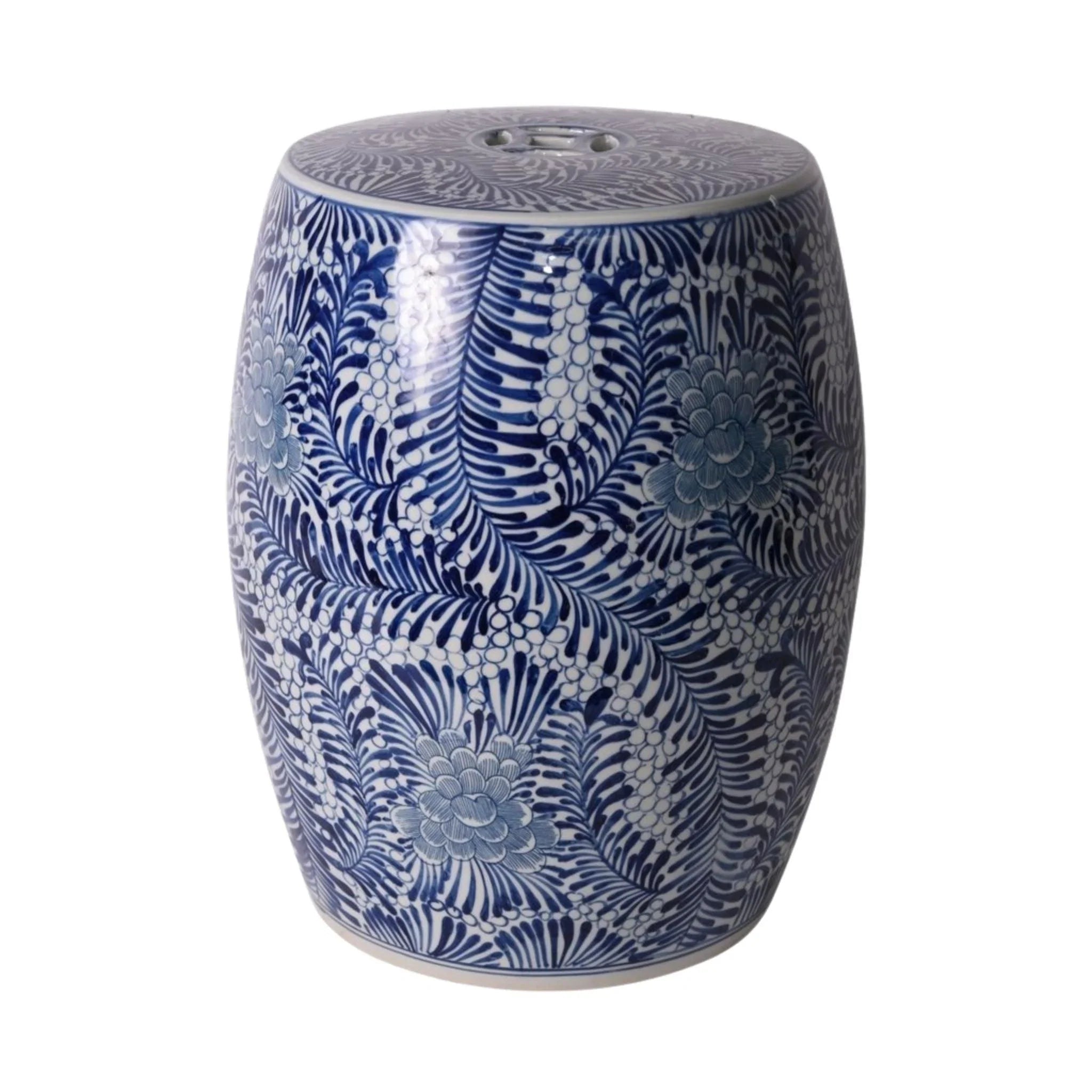 Blue and White Porcelain Garden Stool with Blooming Flower Design - Outdoor Decorative Seat for Patio, Garden, or Home Decor
