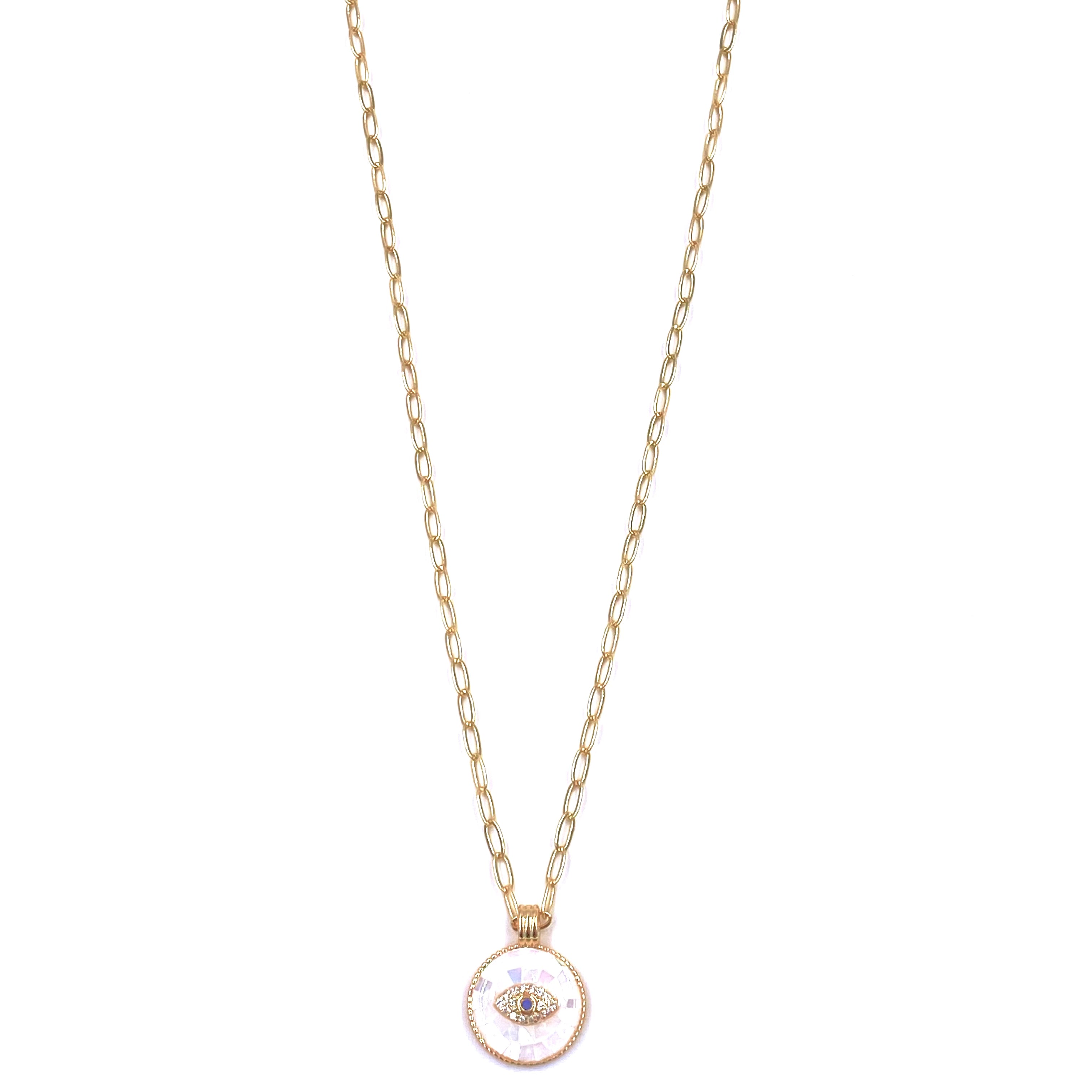 Ashley Gold Stainless Steel Evil Eye Necklace with White Opal Disc - 18K Gold Plated Protection Jewelry for Women, Perfect for Everyday Wear & Spiritual Gifts