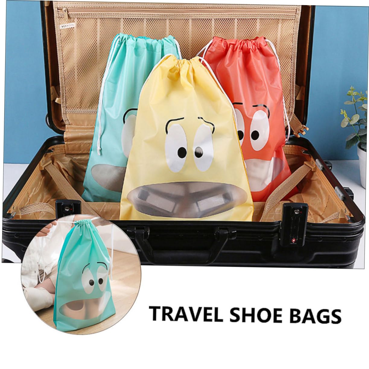 PACKOVE 8-Piece Transparent Shoe Storage Bags with Drawstring & Vacuum Seal - Hanging Dustproof Travel Organizer for Shoes, Clothes & Duvets - Foldable Clear Plastic Storage Boxes with EVA Front (Perfect for Travel, Moving & Home Organization)