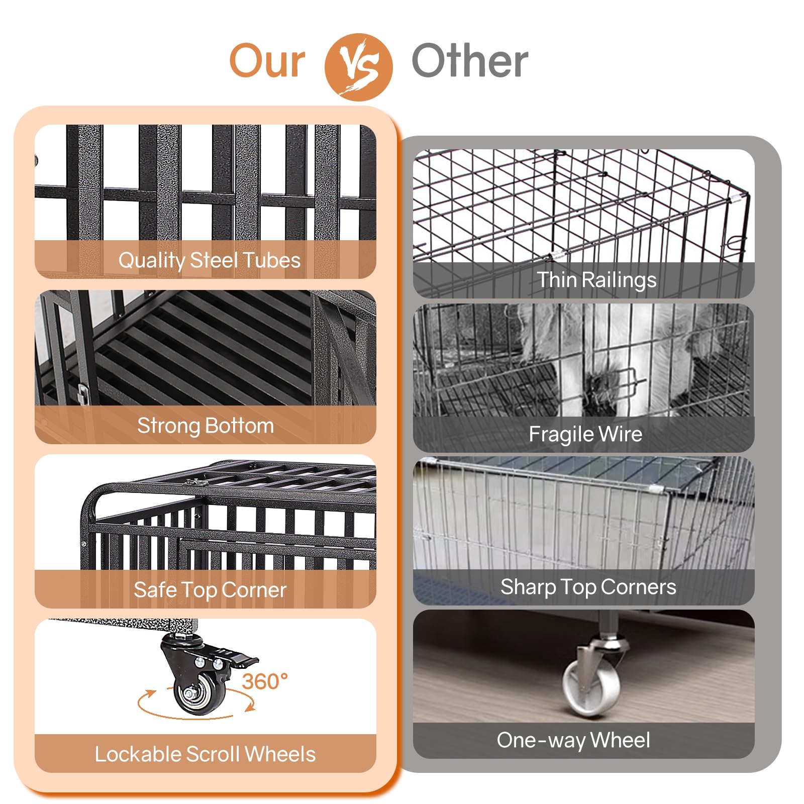 38 Inch Heavy Duty Steel Dog Crate - Escape-Proof Double Door Pet Kennel with 360° Lockable Wheels, Dome Design & Removable Tray | High Anxiety Pet Cage for Small Medium Dogs (Silver Gray) | Perfect for Home, Travel & Vet Visits