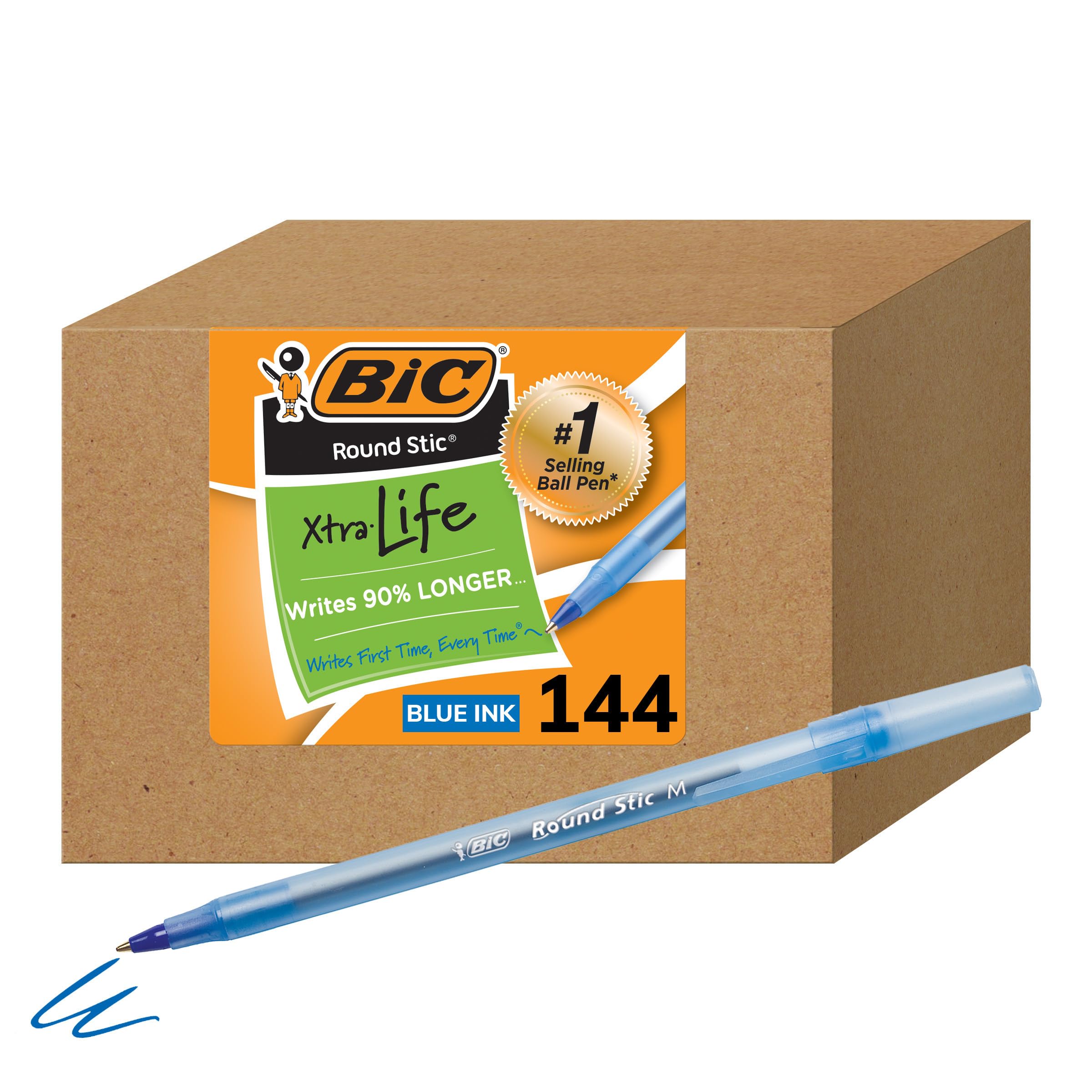 BIC Round Stic Xtra Life Blue Ballpoint Pens, Medium Point (1.0mm), 144-Count Bulk Pack - Comfortable Flexible Round Barrel for Smooth Writing - Best Selling Office & School Supplies for Everyday Use