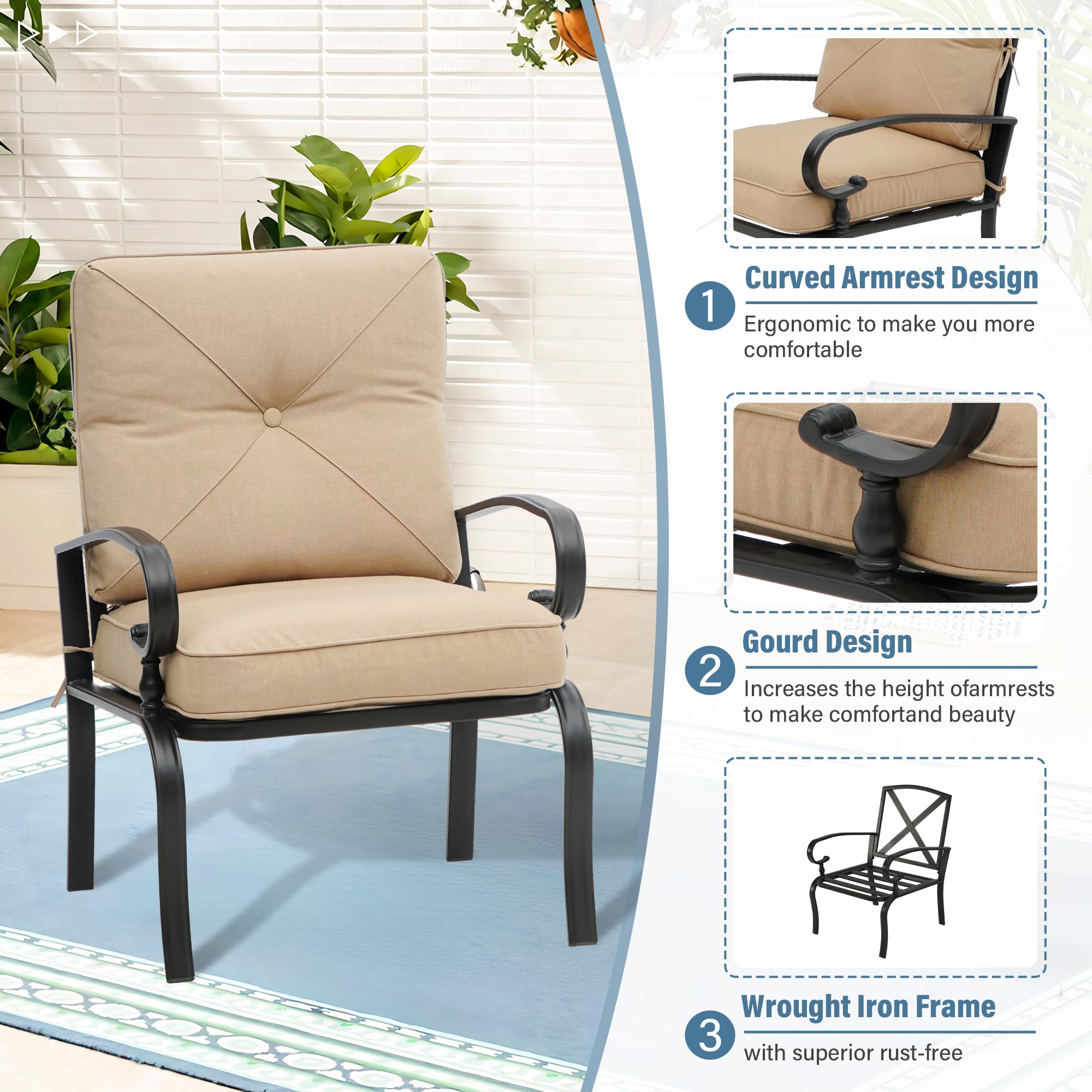 2-Piece Patio Dining Chairs Bistro Set - Wrought Iron Outdoor Furniture with Brown Cushions, All-Weather Garden Seating for Backyard, Balcony or Poolside Relaxation