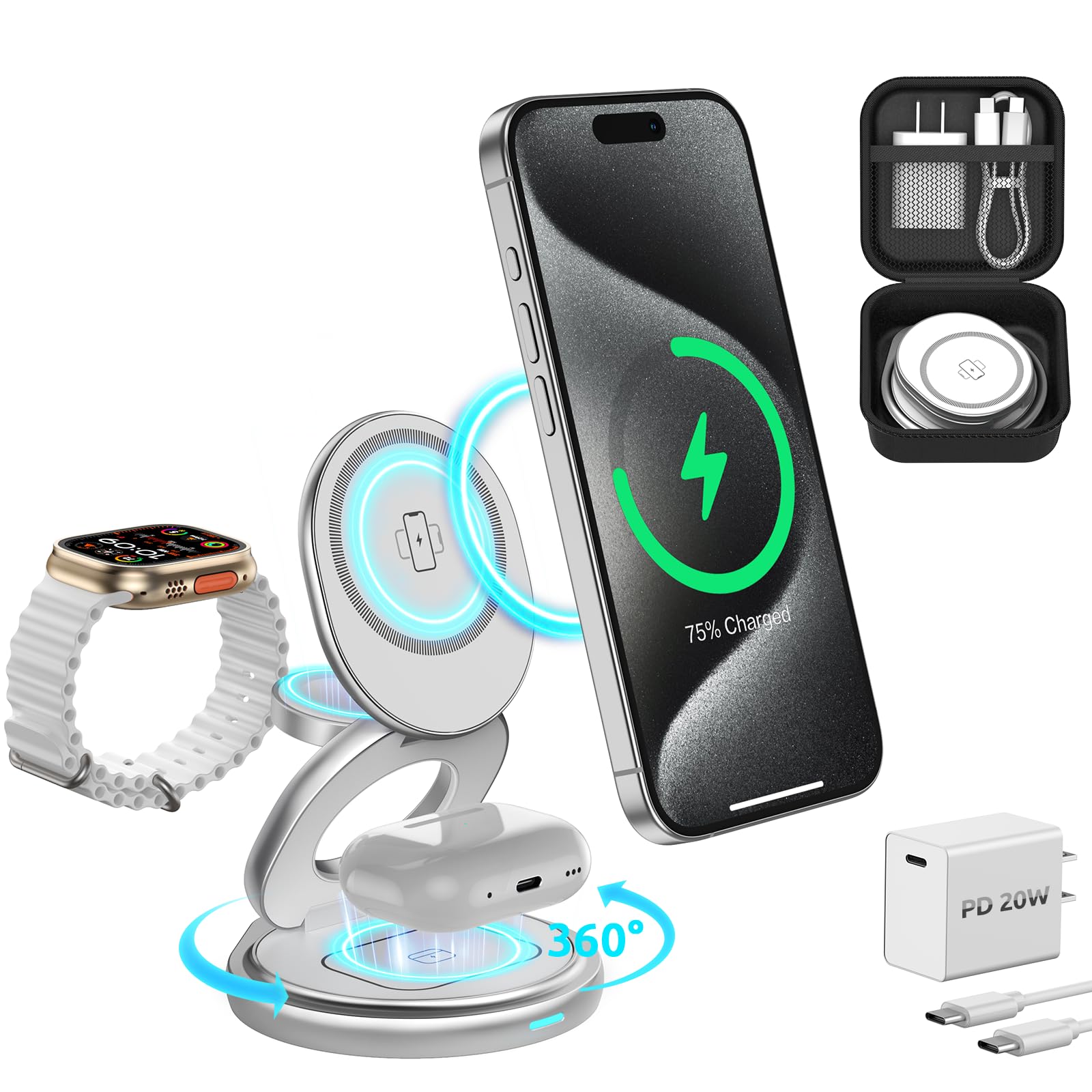 3-in-1 Magnetic Wireless Charging Station for iPhone 15/14/13/12 Pro Max & Apple Watch & AirPods - Foldable Travel Charger Dock with Rotating Stand | Perfect for Home, Office & Car Use