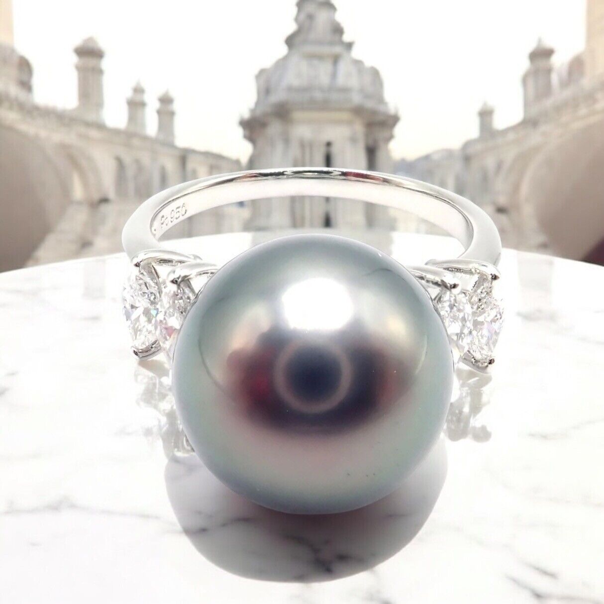 Authentic Mikimoto Platinum Tahitian Pearl Diamond Ring for Women - Elegant Luxury Jewelry for Weddings, Anniversaries & Special Occasions