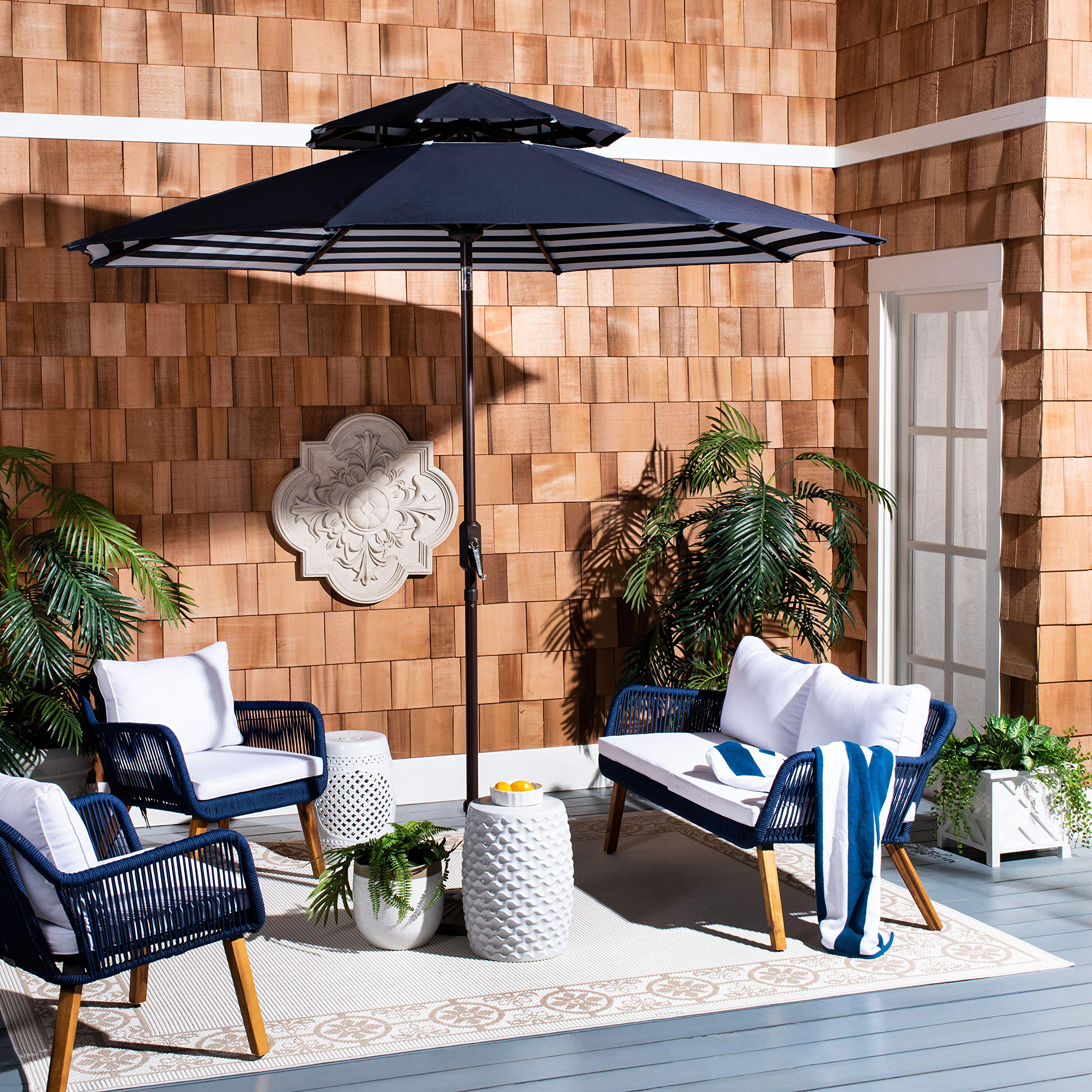 SAFAVIEH Outdoor Athens Navy & White 9-Foot Double Top Crank Patio Umbrella with UV Protection - Perfect for Poolside, Backyard, and Outdoor Dining Areas