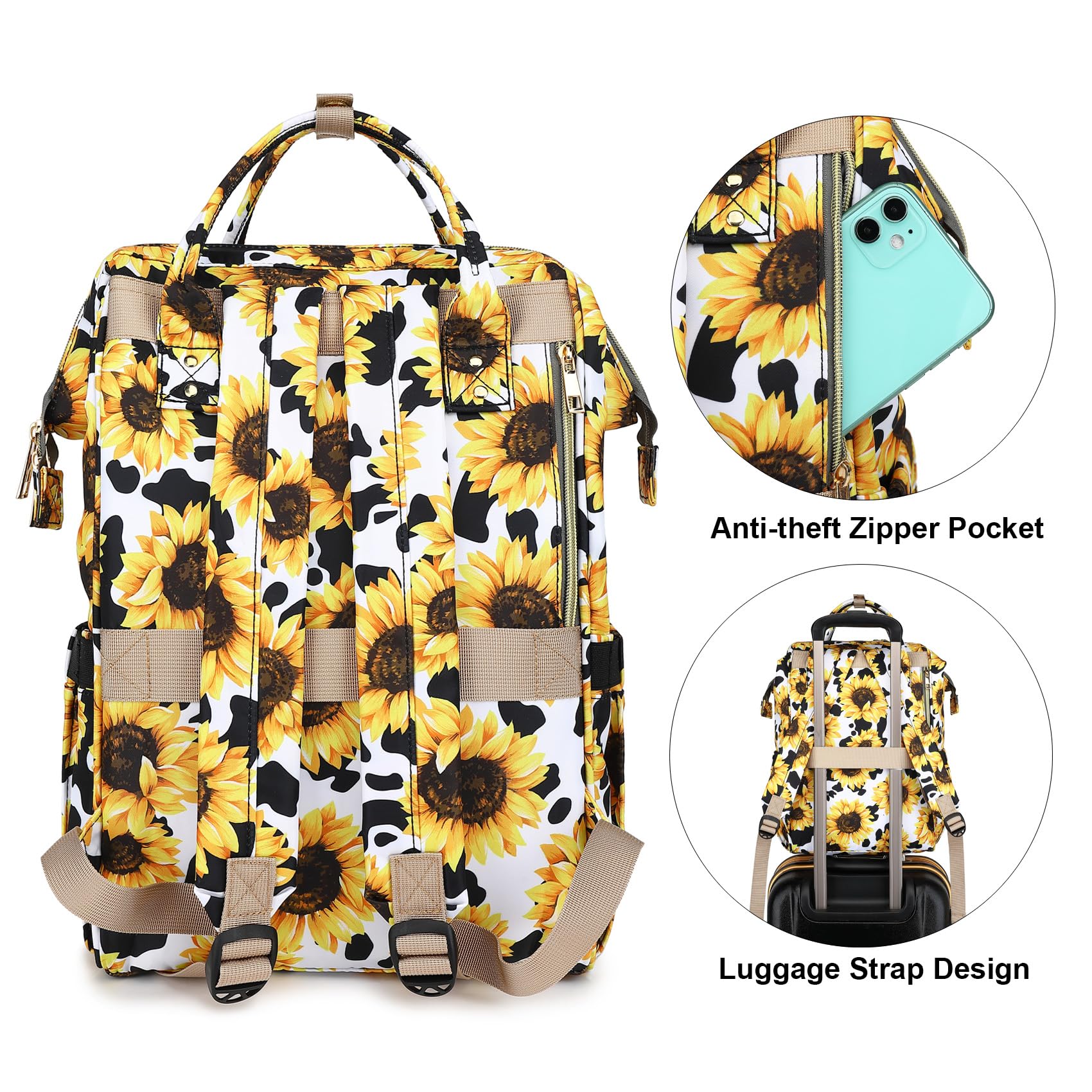 Stylish Sunflower Cow Print Laptop Backpack for Women - 15.6 Inch College School Bookbag, Nurse Backpack & Travel Daypack | Perfect for Work, School & Casual Outings